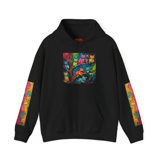 Colorful Tree Cats- Dark Waves Art by Koko Una- Unisex Hoodie w/Printed Sleeves