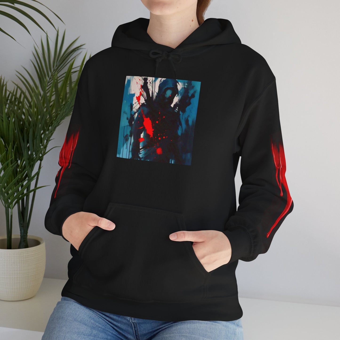 Dark Waves Art by Koko Una- Samurai Amoung Us in Red- Hoodie Unisex Sweatshirt w/Printed Sleeves