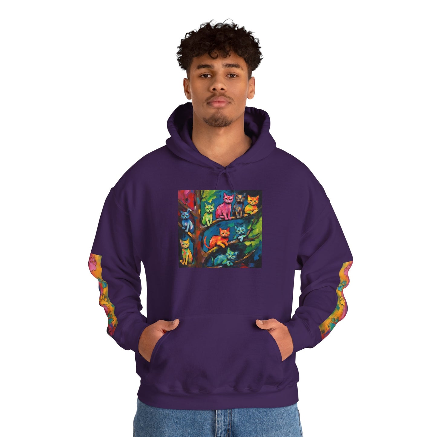 Colorful Tree Cats- Dark Waves Art by Koko Una- Unisex Hoodie w/Printed Sleeves