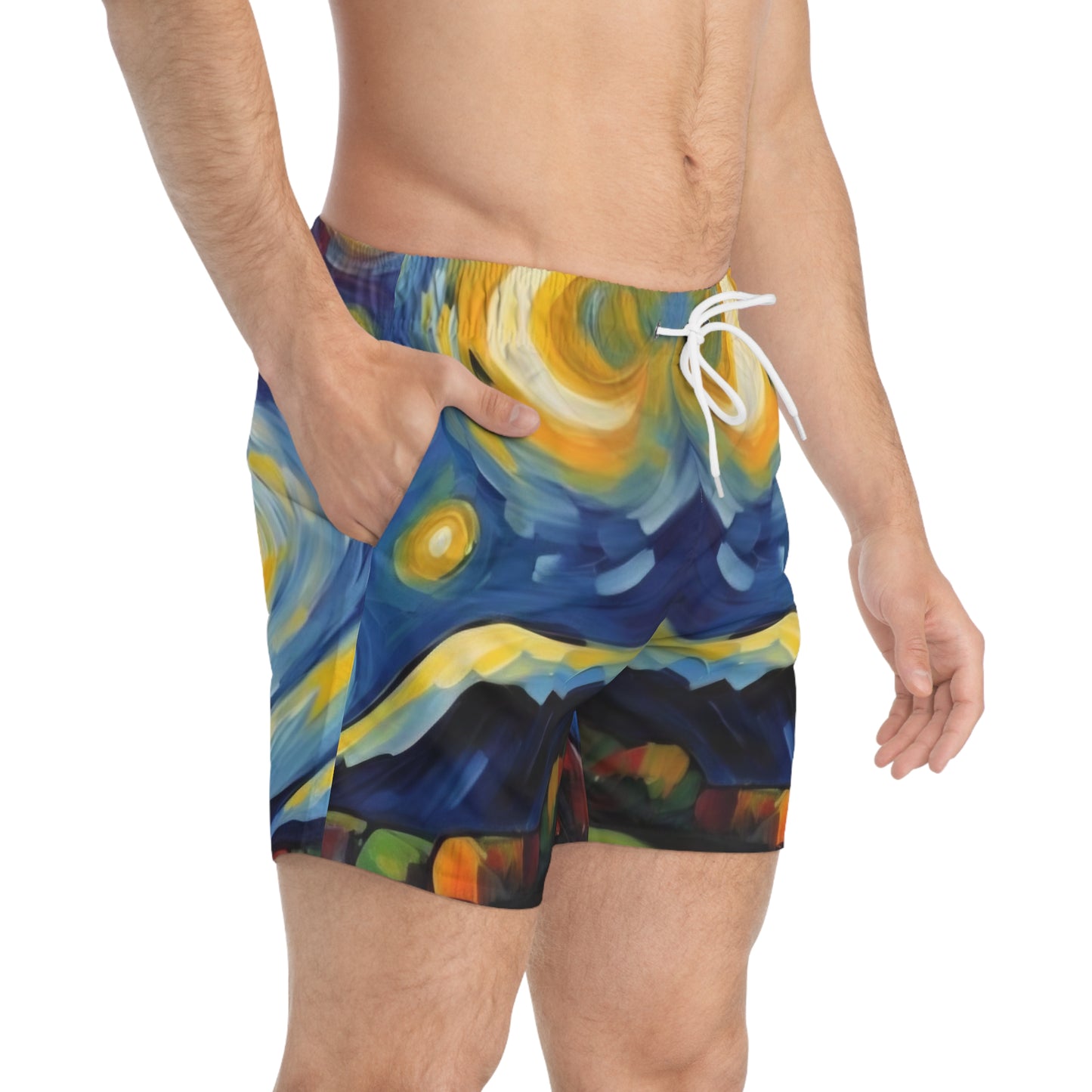 Dark Summer by Koko Una: Starry Sky Artwork Men's Swim Trunks for Beach and Pool Parties