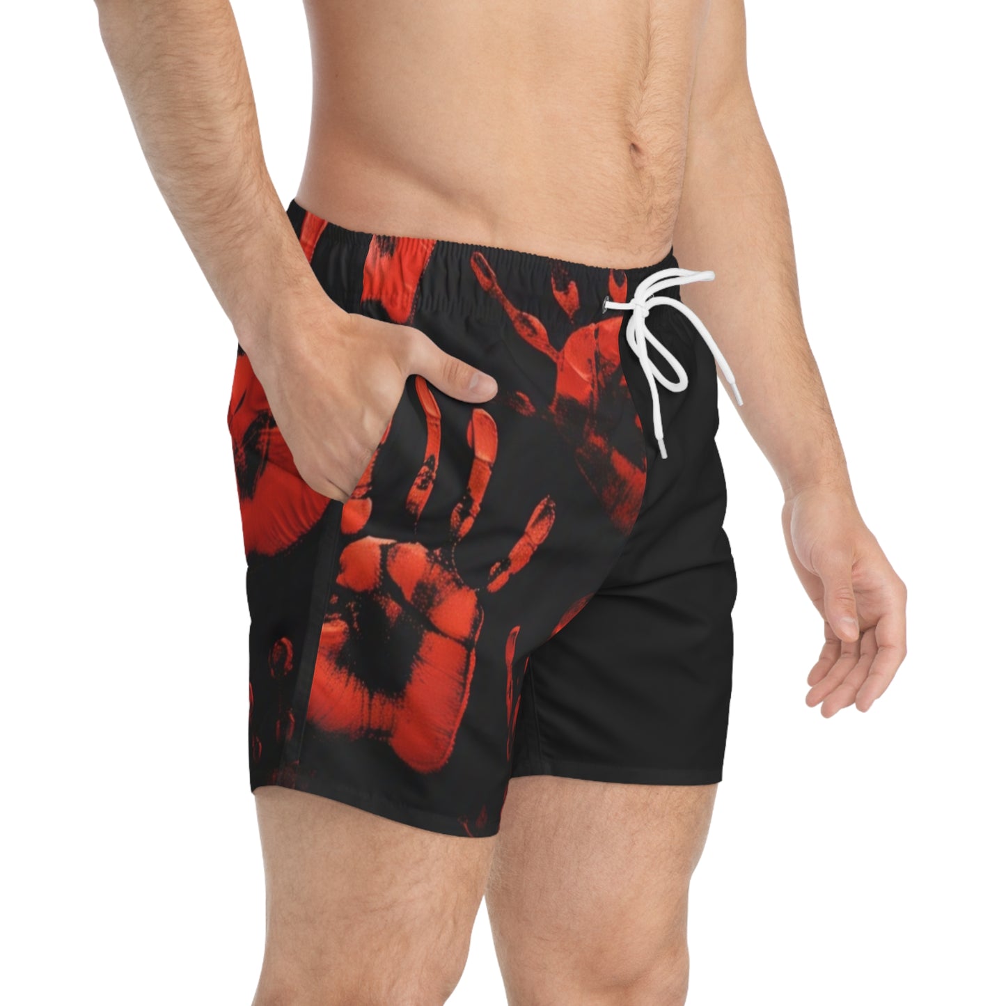 Dark Summer by Koko Una: Bloody Hand Print Men's Swim Trunks for Beach and Pool Parties