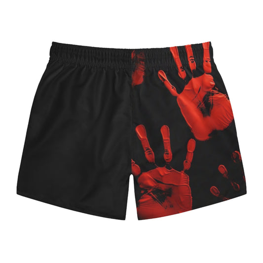 Dark Summer by Koko Una: Bloody Hand Print Men's Swim Trunks for Beach and Pool Parties
