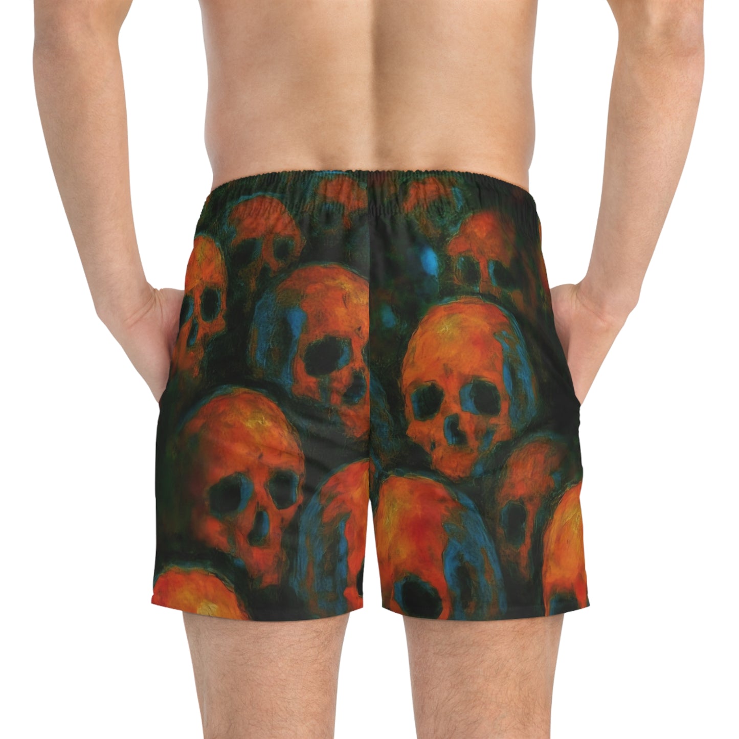 Dark Summer by Koko Una: Skull Artwork Men's Swim Trunks for Beach and Pool Parties