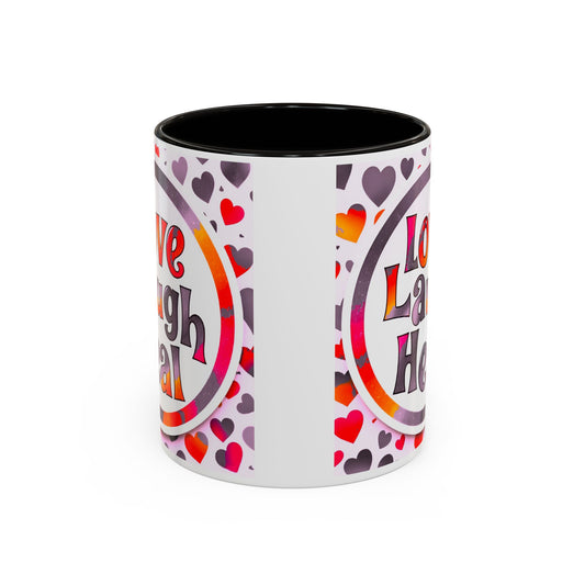 Healing Starts with a Sip: Warm Color Hearts "Love - Laugh - Heal" Mug 11 oz or 15 oz- Inspirational Gifts