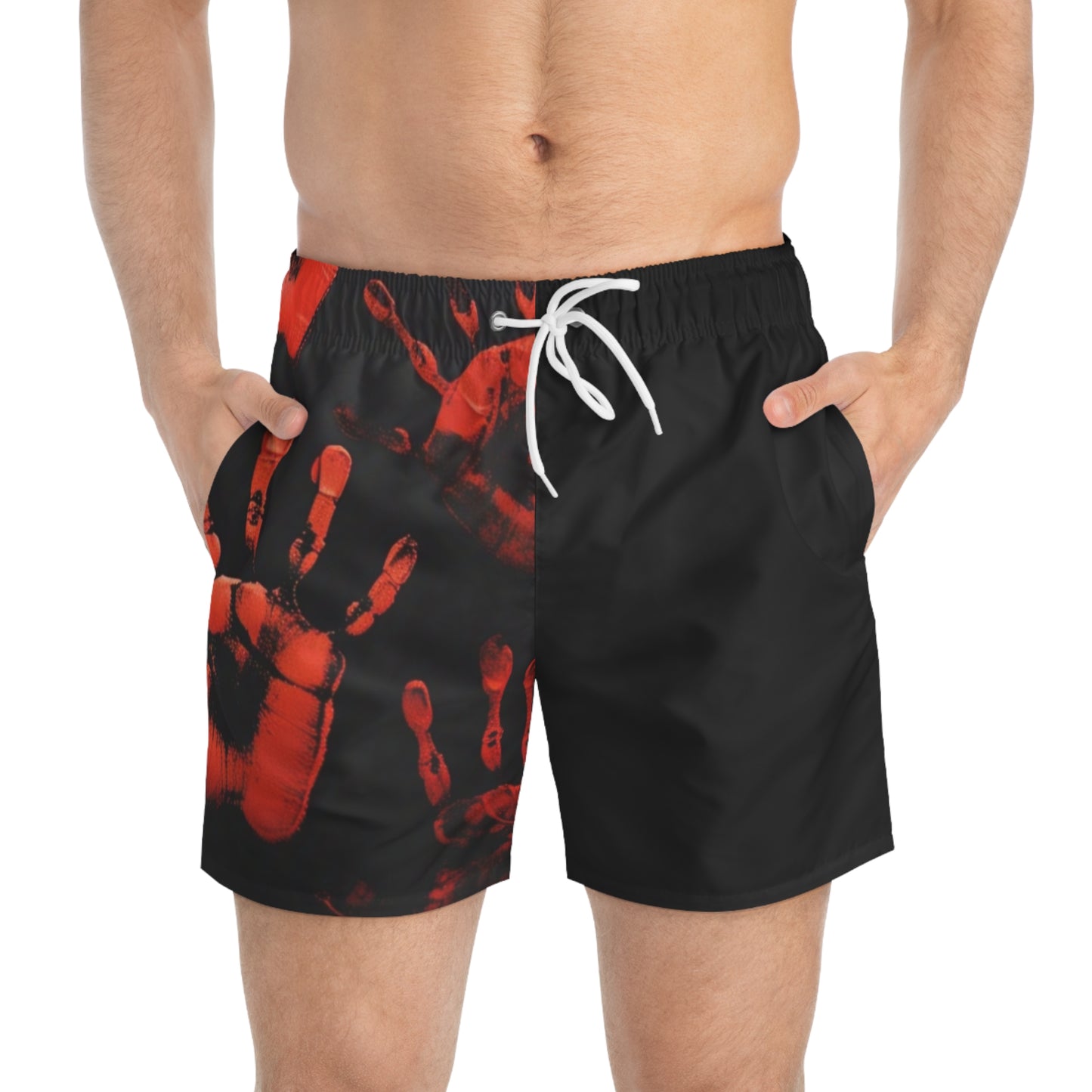 Dark Summer by Koko Una: Bloody Hand Print Men's Swim Trunks for Beach and Pool Parties