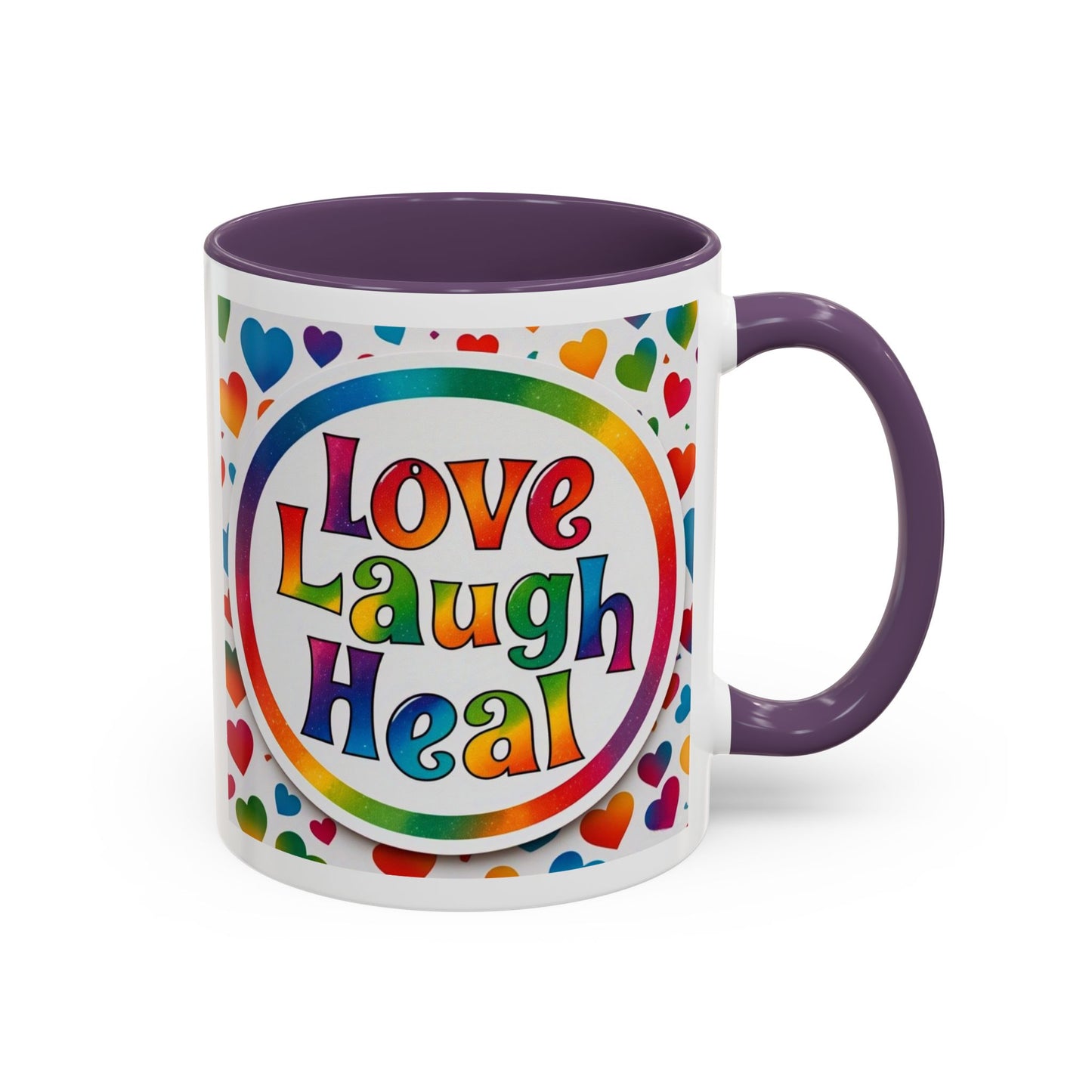 Healing Starts with a Sip: Rainbow Hearts "Love - Laugh - Heal"  Mug 11 oz or 15 oz- Inspirational Gifts