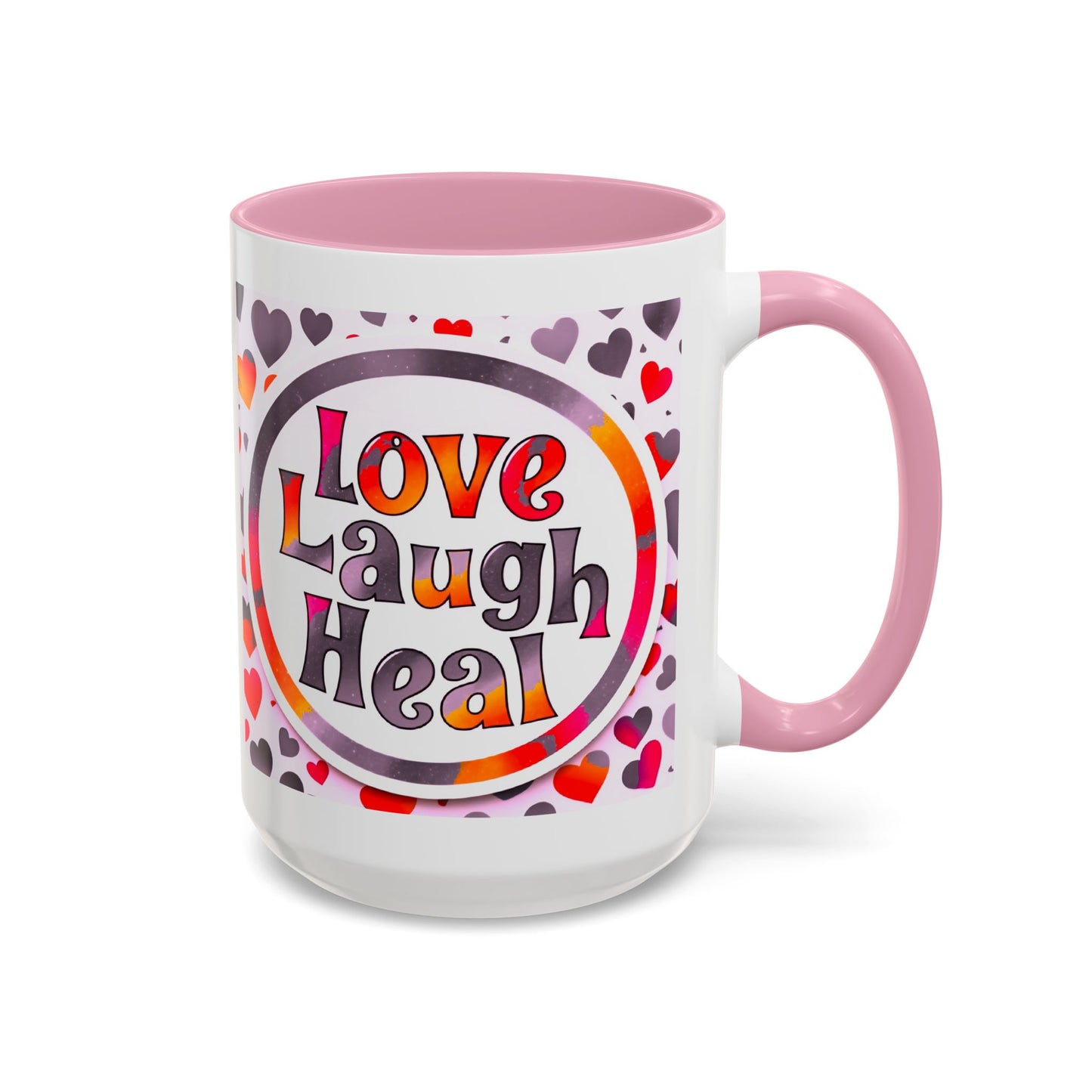 Healing Starts with a Sip: Warm Color Hearts "Love - Laugh - Heal" Mug 11 oz or 15 oz- Inspirational Gifts