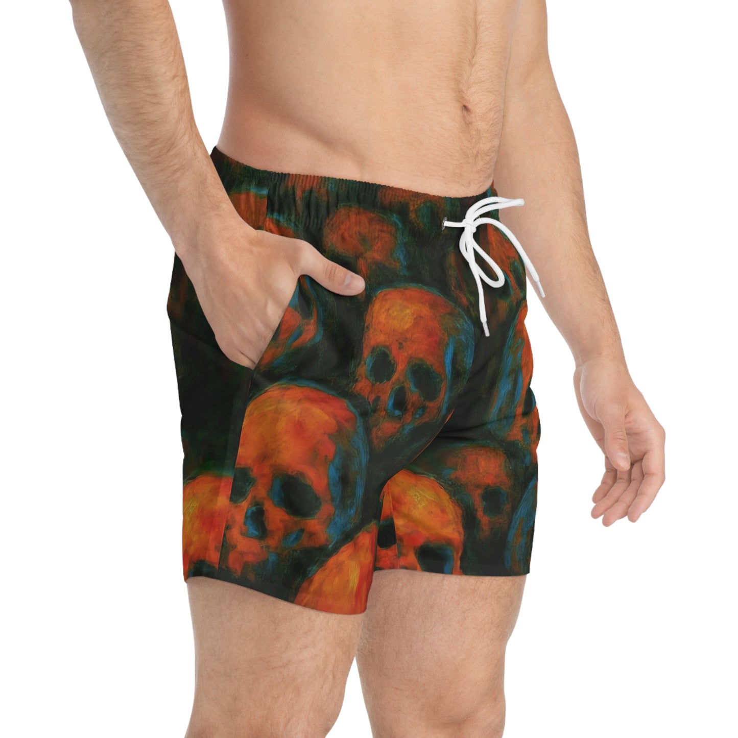 Dark Summer by Koko Una: Skull Artwork Men's Swim Trunks for Beach and Pool Parties