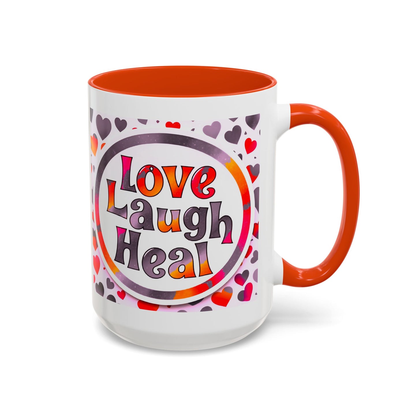 Healing Starts with a Sip: Warm Color Hearts "Love - Laugh - Heal" Mug 11 oz or 15 oz- Inspirational Gifts