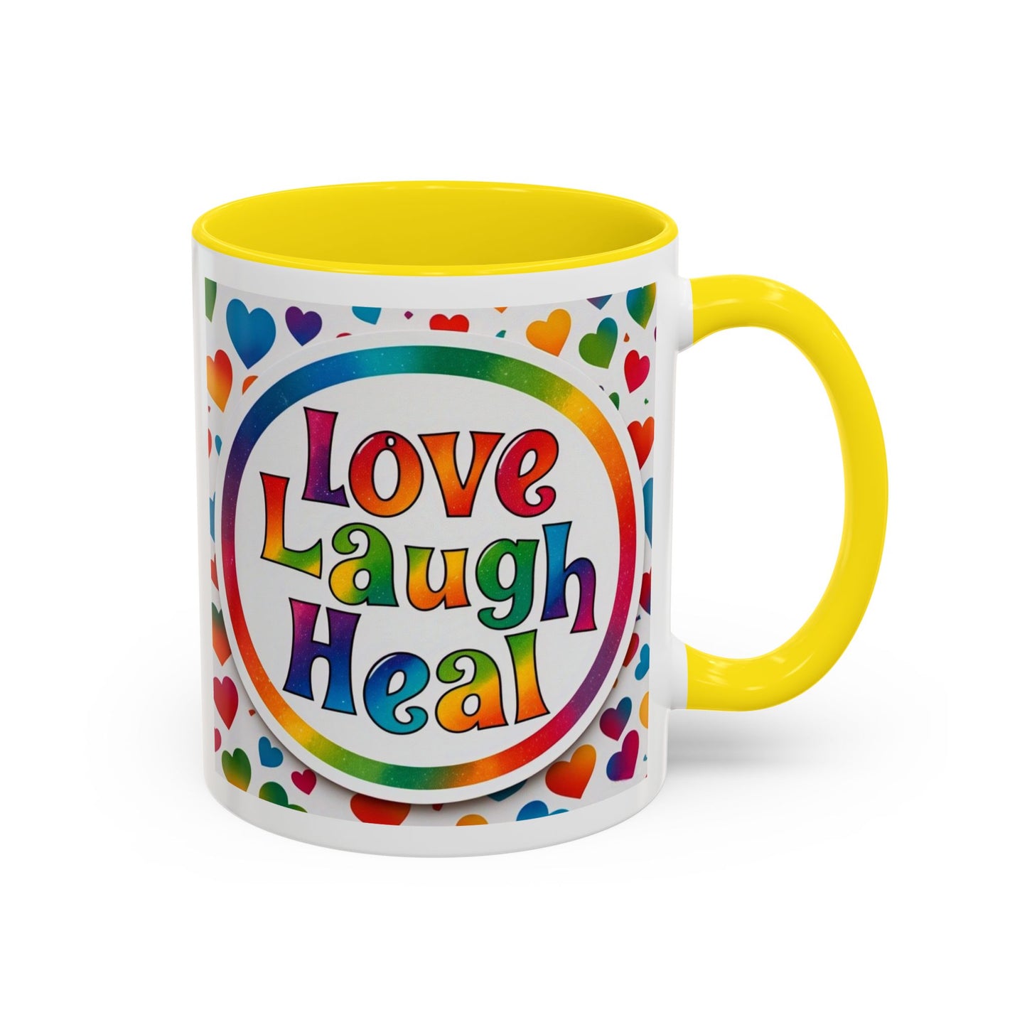 Healing Starts with a Sip: Rainbow Hearts "Love - Laugh - Heal"  Mug 11 oz or 15 oz- Inspirational Gifts