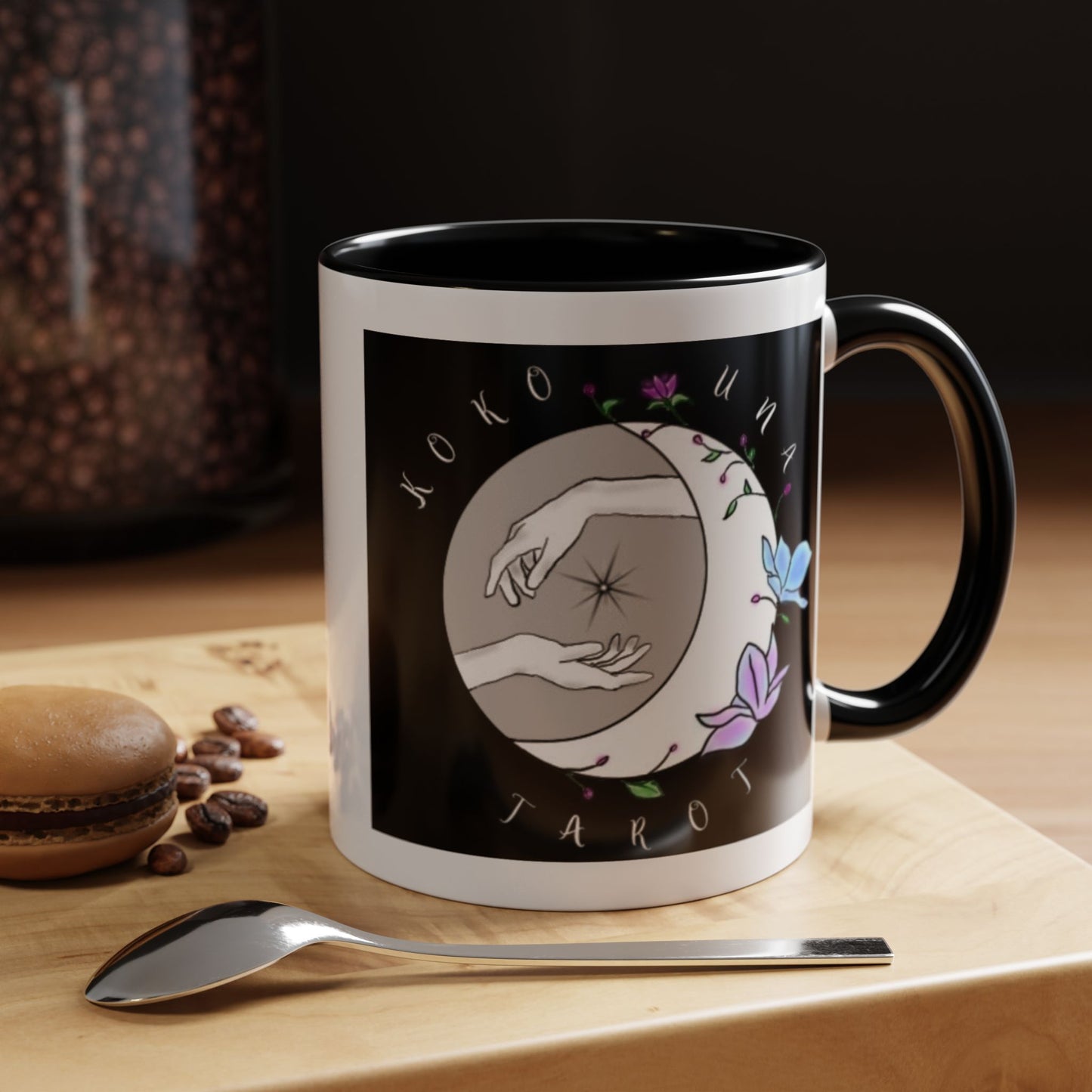Koko Una Tarot- Spiritual Hands Black Logo- Fun Accent Dual Color Coffee Mug – 11oz & 15oz Available