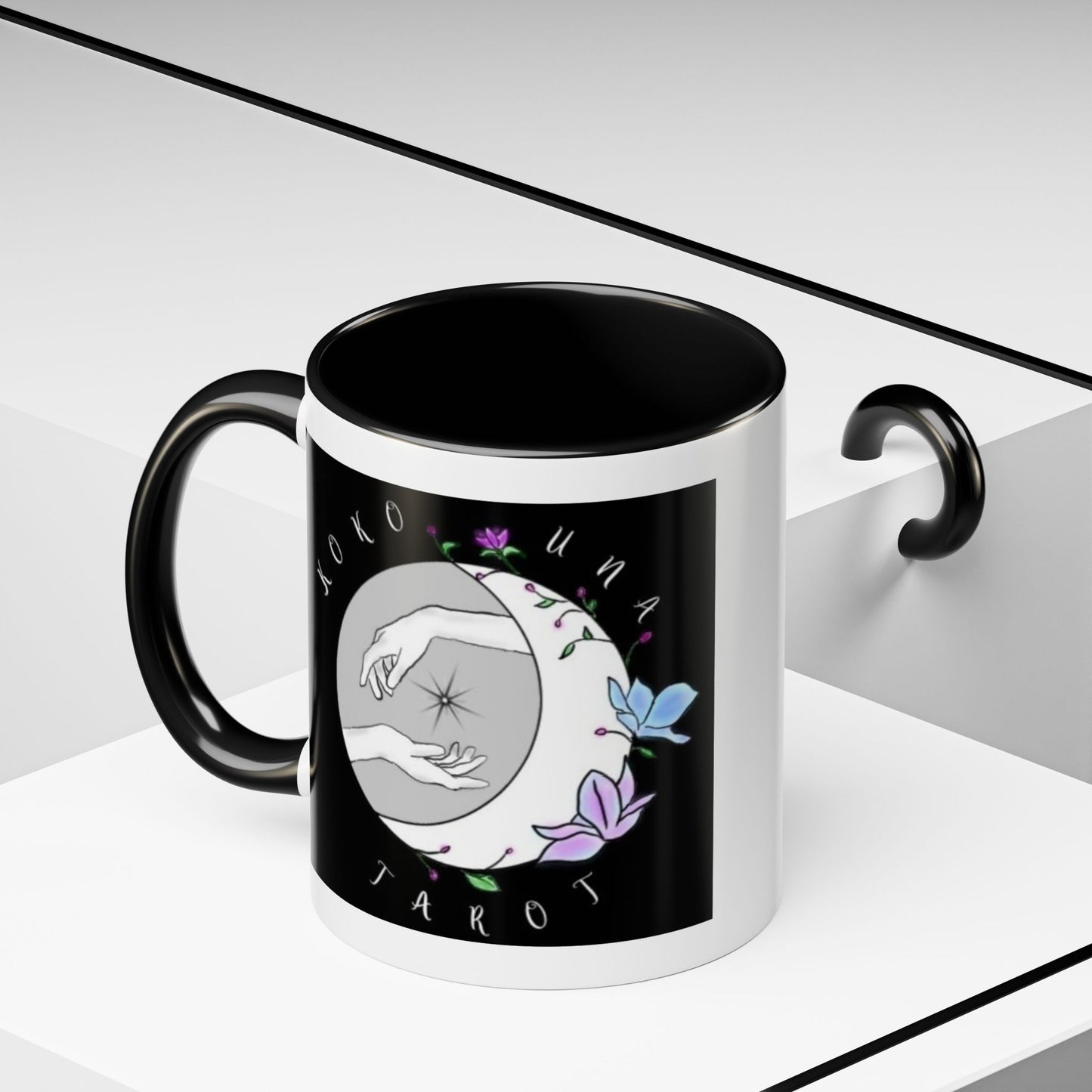 Koko Una Tarot- Spiritual Hands Black Logo- Fun Accent Dual Color Coffee Mug – 11oz & 15oz Available