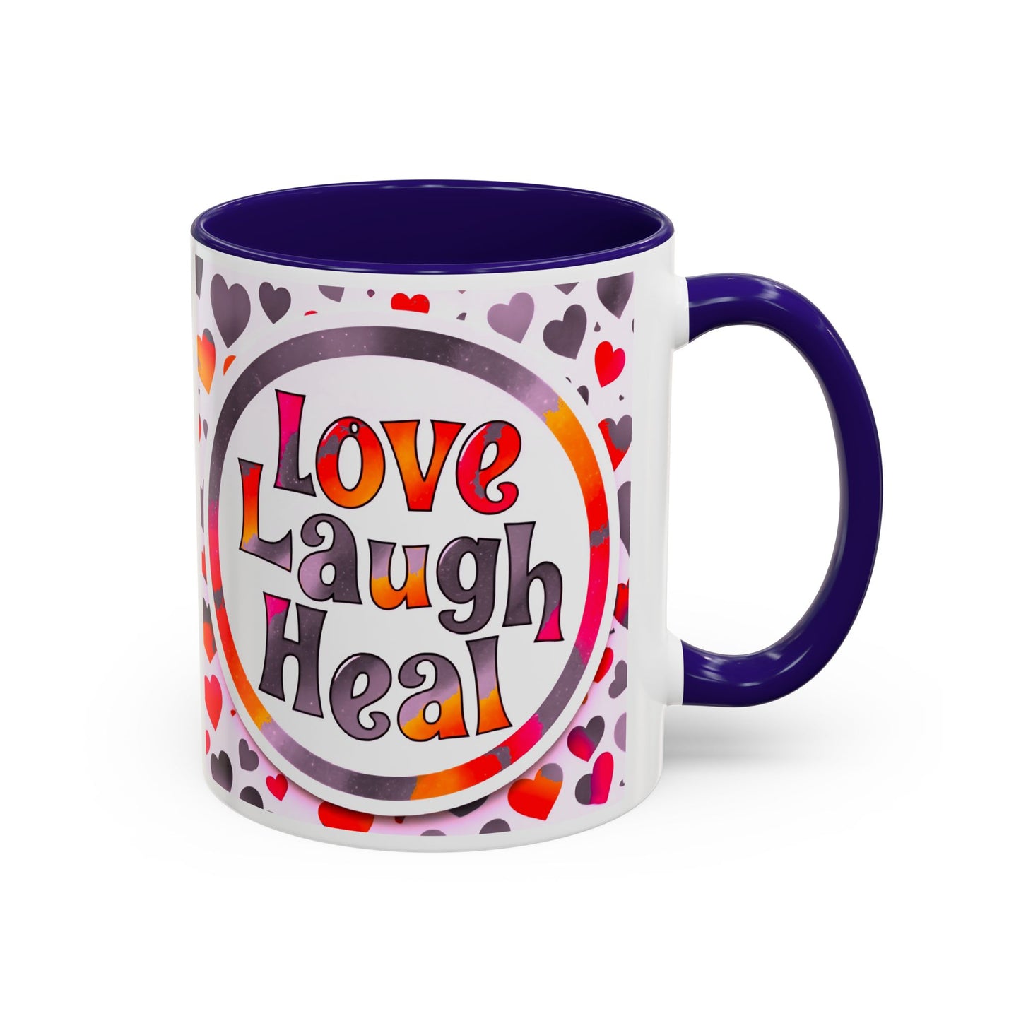 Healing Starts with a Sip: Warm Color Hearts "Love - Laugh - Heal" Mug 11 oz or 15 oz- Inspirational Gifts