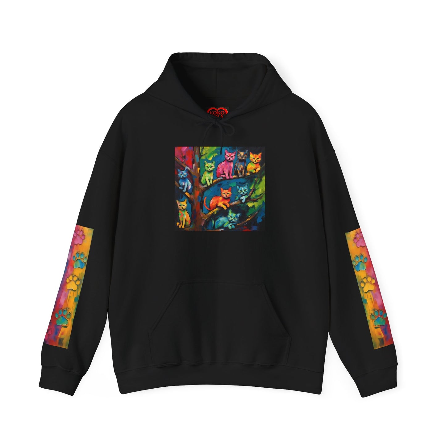 Colorful Tree Cats- Dark Waves Art by Koko Una- Unisex Hoodie w/Printed Sleeves