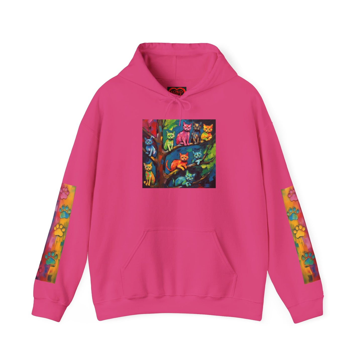 Colorful Tree Cats- Dark Waves Art by Koko Una- Unisex Hoodie w/Printed Sleeves