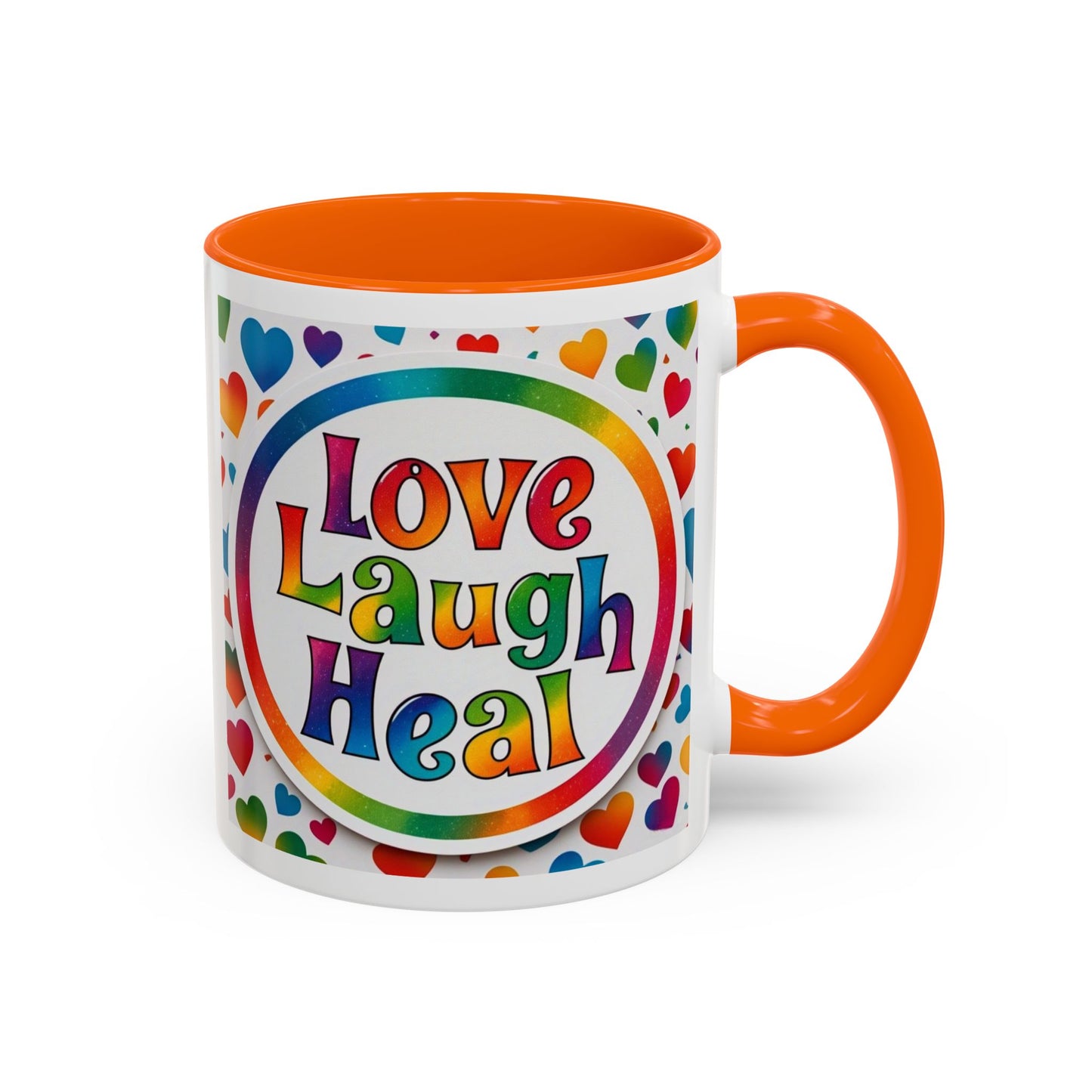 Healing Starts with a Sip: Rainbow Hearts "Love - Laugh - Heal"  Mug 11 oz or 15 oz- Inspirational Gifts