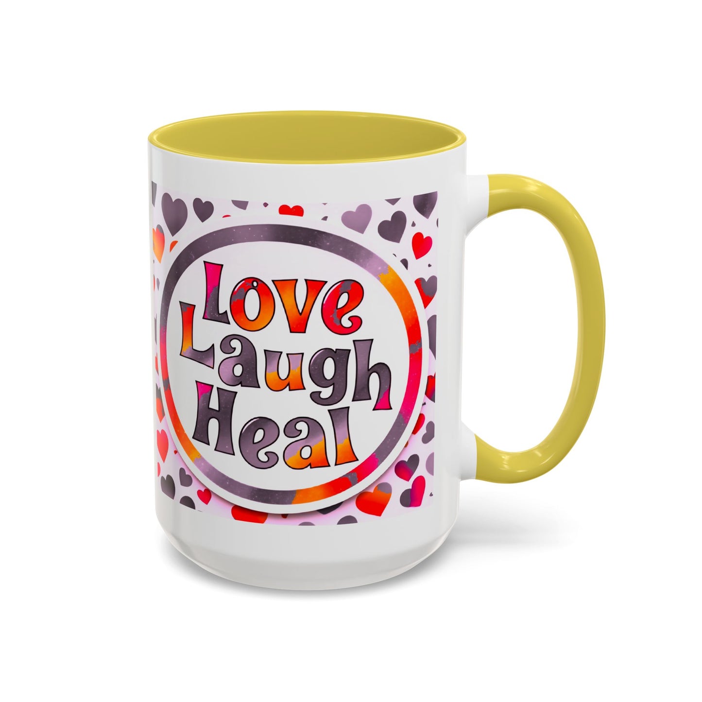 Healing Starts with a Sip: Warm Color Hearts "Love - Laugh - Heal" Mug 11 oz or 15 oz- Inspirational Gifts