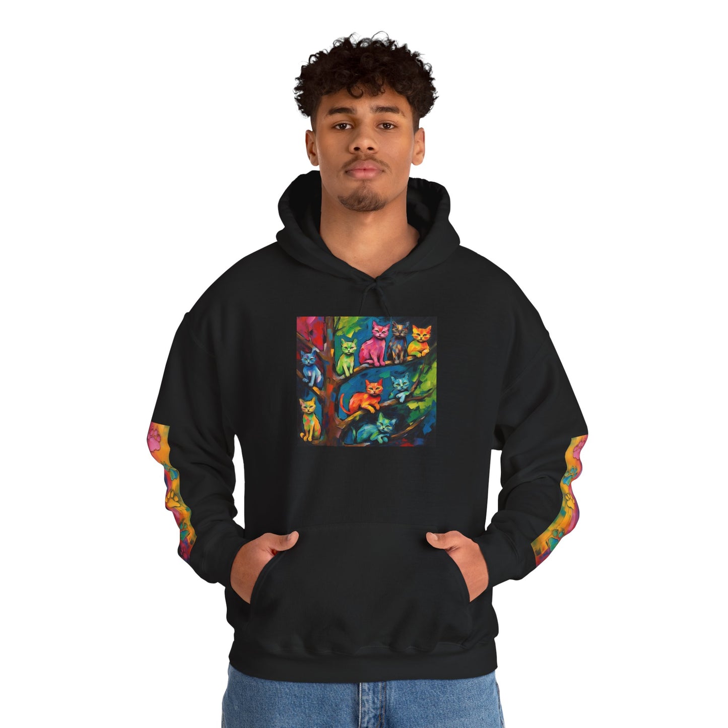 Colorful Tree Cats- Dark Waves Art by Koko Una- Unisex Hoodie w/Printed Sleeves
