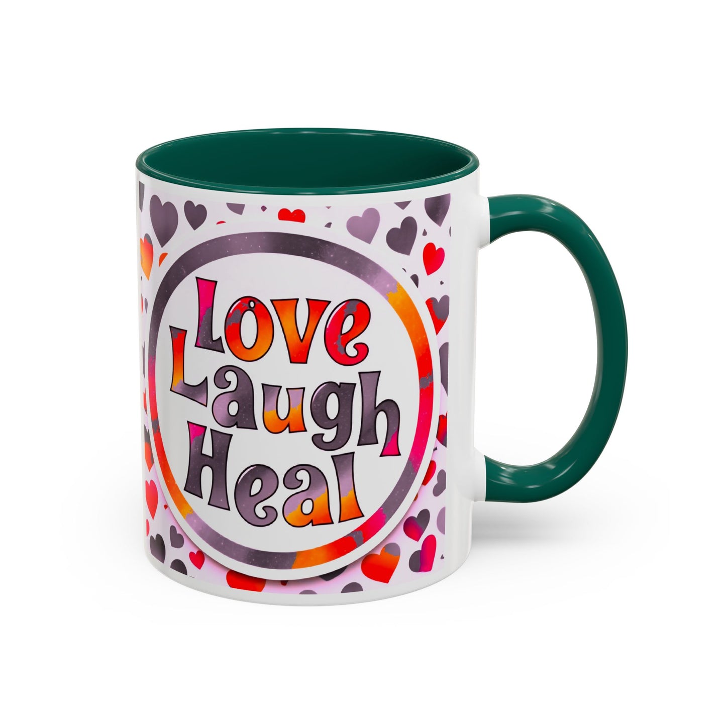 Healing Starts with a Sip: Warm Color Hearts "Love - Laugh - Heal" Mug 11 oz or 15 oz- Inspirational Gifts