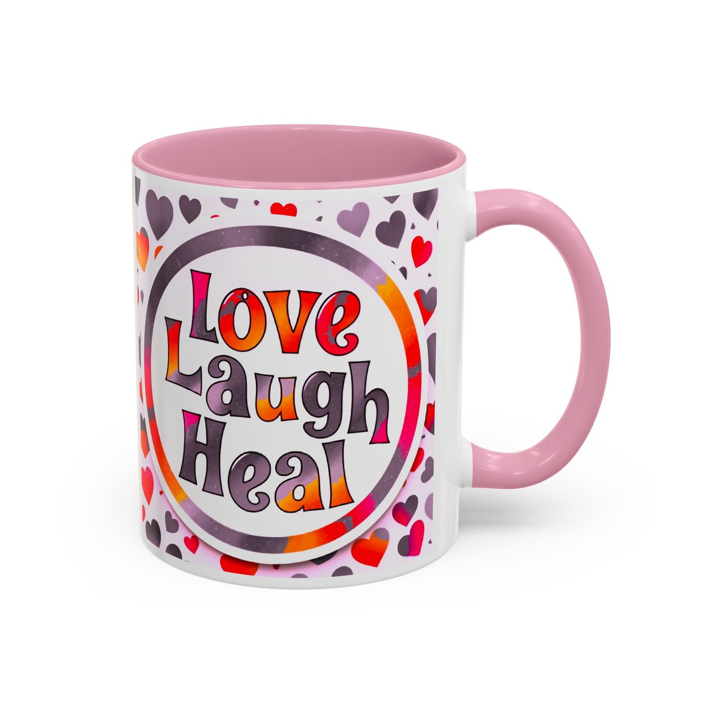Healing Starts with a Sip: Warm Color Hearts "Love - Laugh - Heal" Mug 11 oz or 15 oz- Inspirational Gifts