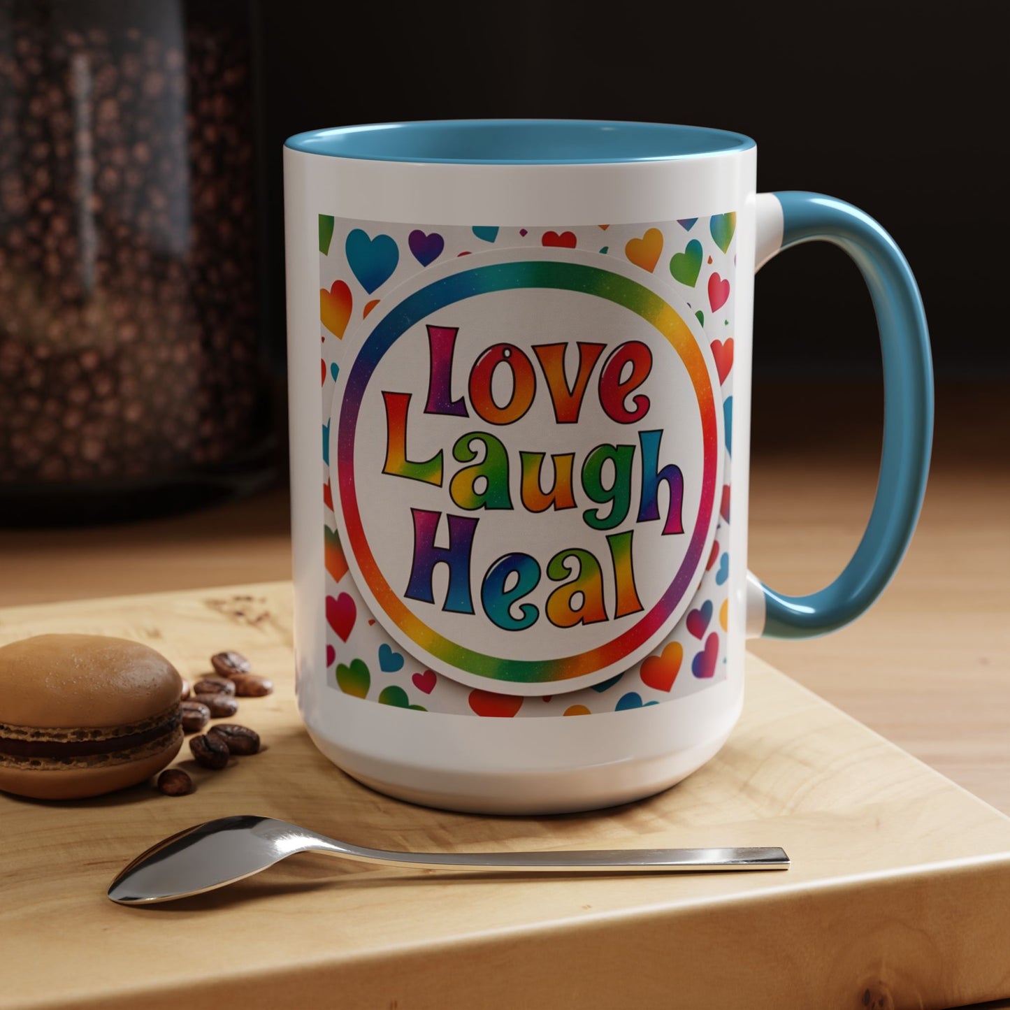 Healing Starts with a Sip: Rainbow Hearts "Love - Laugh - Heal"  Mug 11 oz or 15 oz- Inspirational Gifts