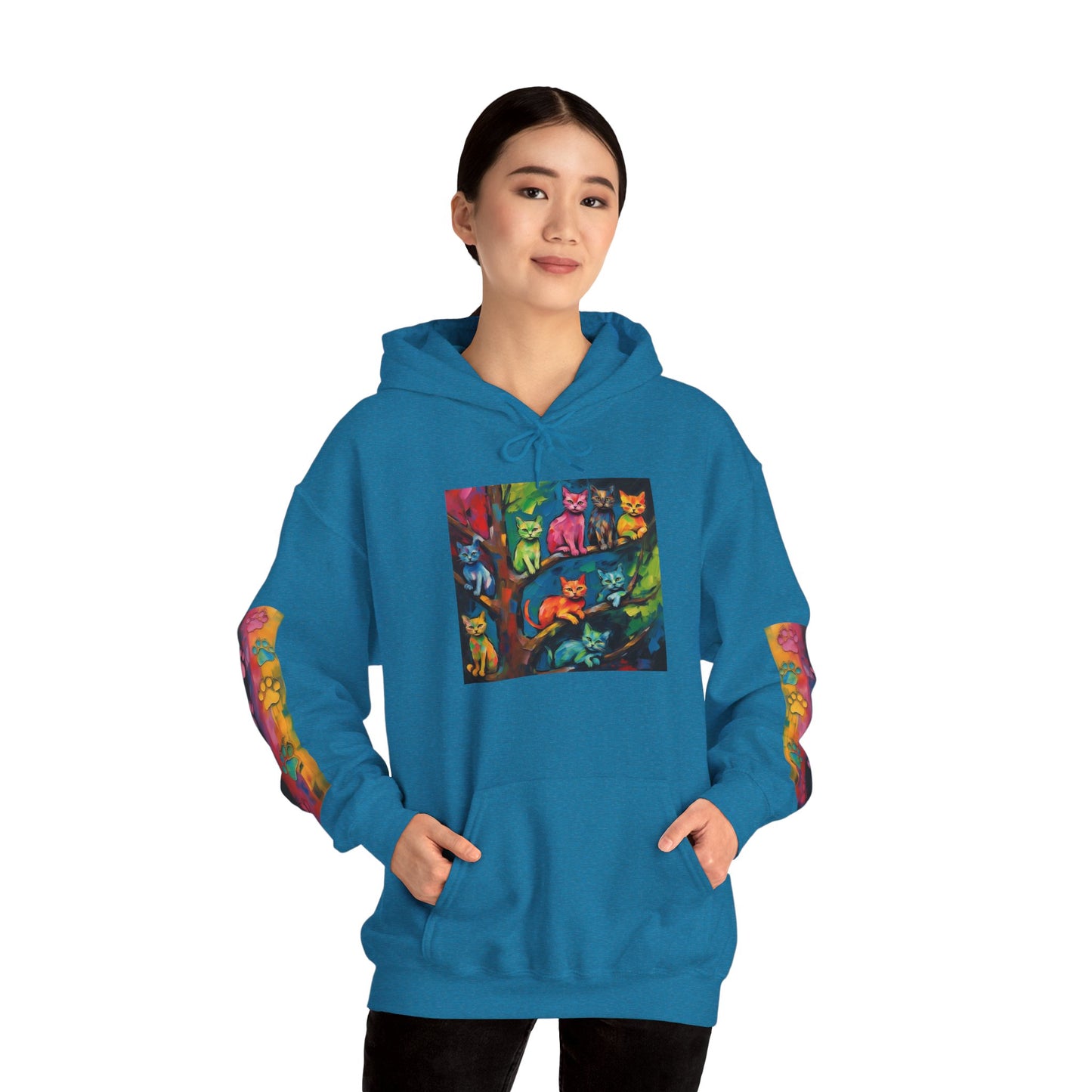 Colorful Tree Cats- Dark Waves Art by Koko Una- Unisex Hoodie w/Printed Sleeves