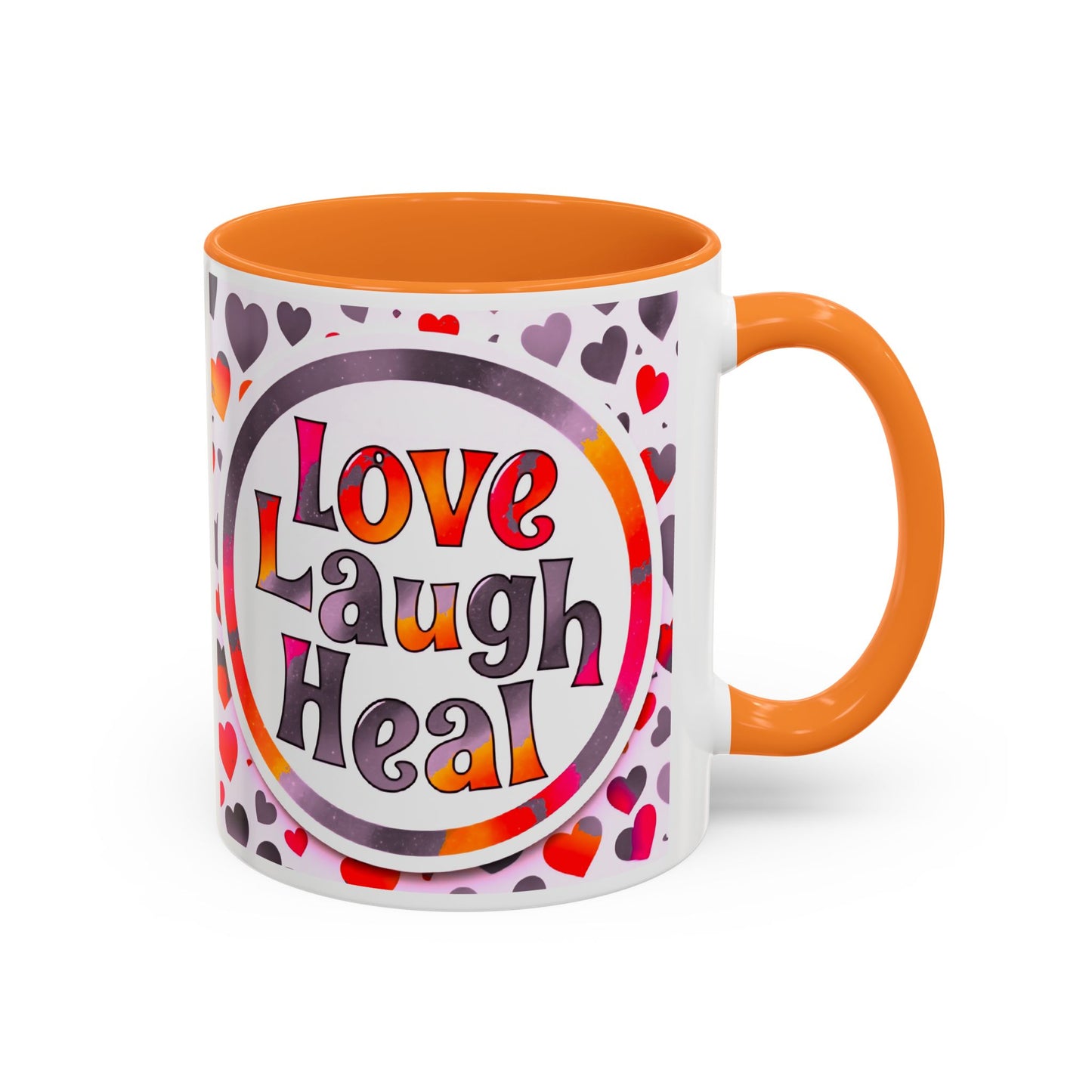 Healing Starts with a Sip: Warm Color Hearts "Love - Laugh - Heal" Mug 11 oz or 15 oz- Inspirational Gifts