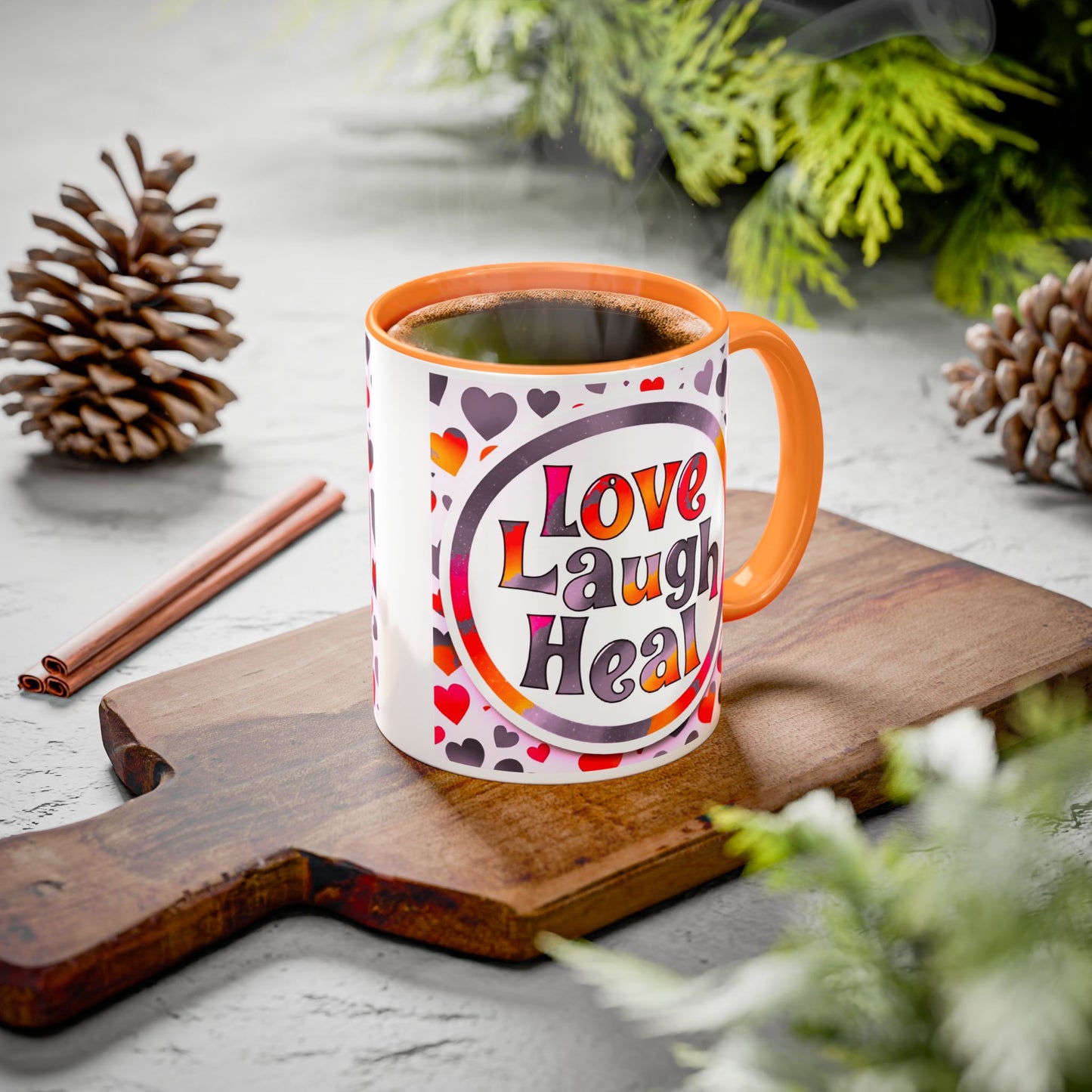 Healing Starts with a Sip: Warm Color Hearts "Love - Laugh - Heal" Mug 11 oz or 15 oz- Inspirational Gifts