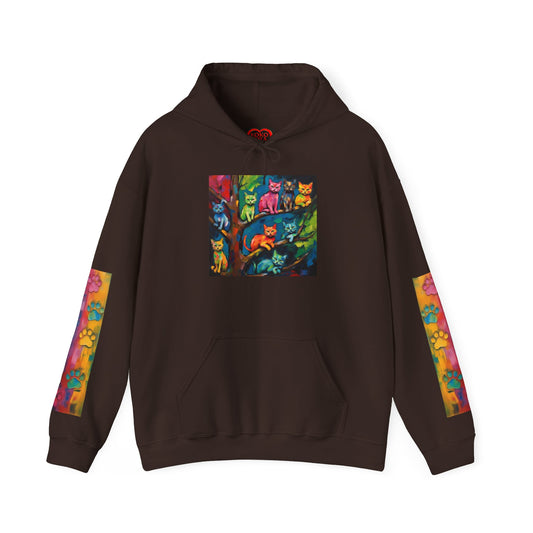 Colorful Tree Cats- Dark Waves Art by Koko Una- Unisex Hoodie w/Printed Sleeves