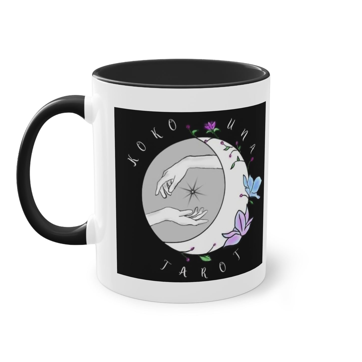 Koko Una Tarot- Spiritual Hands Black Logo- Fun Accent Two-Tone Coffee Mug – 11oz