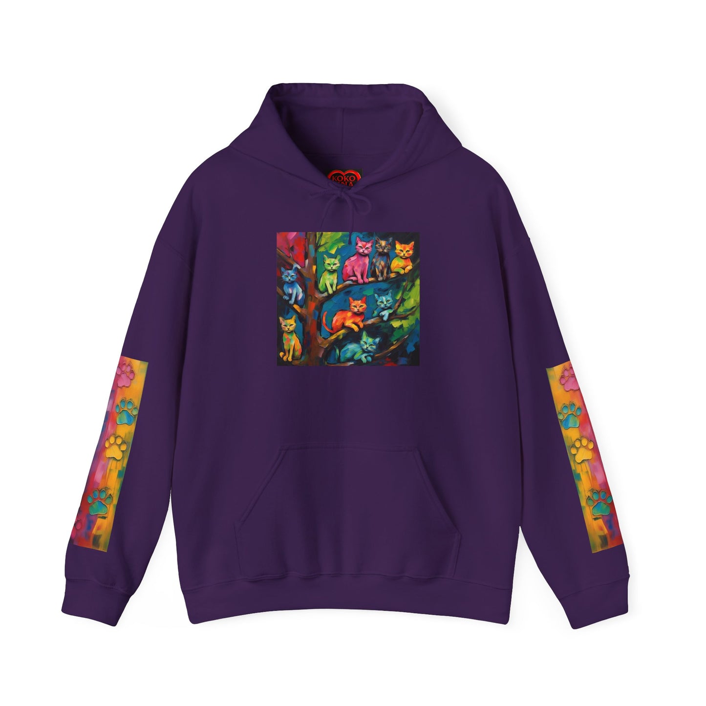 Colorful Tree Cats- Dark Waves Art by Koko Una- Unisex Hoodie w/Printed Sleeves