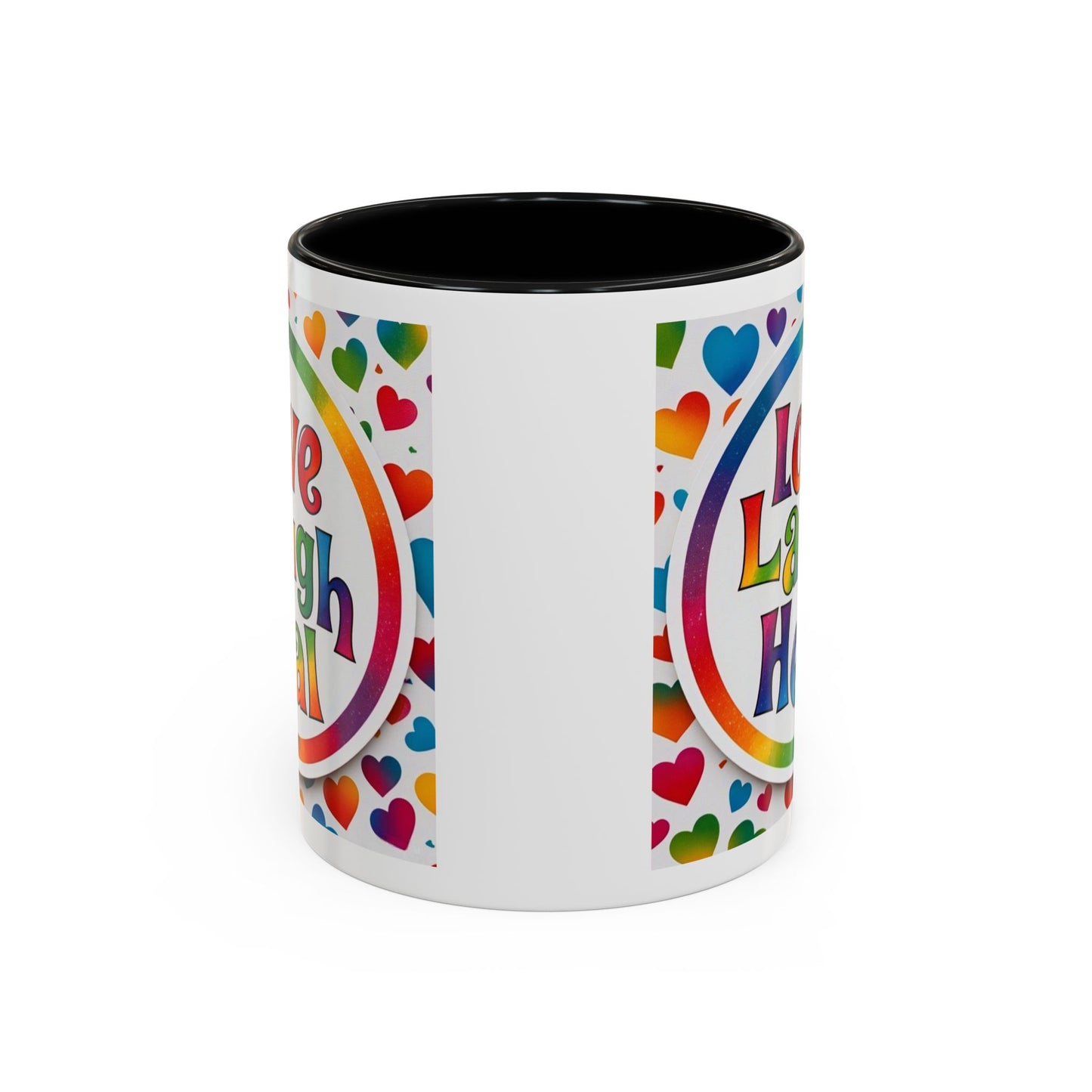 Healing Starts with a Sip: Rainbow Hearts "Love - Laugh - Heal"  Mug 11 oz or 15 oz- Inspirational Gifts