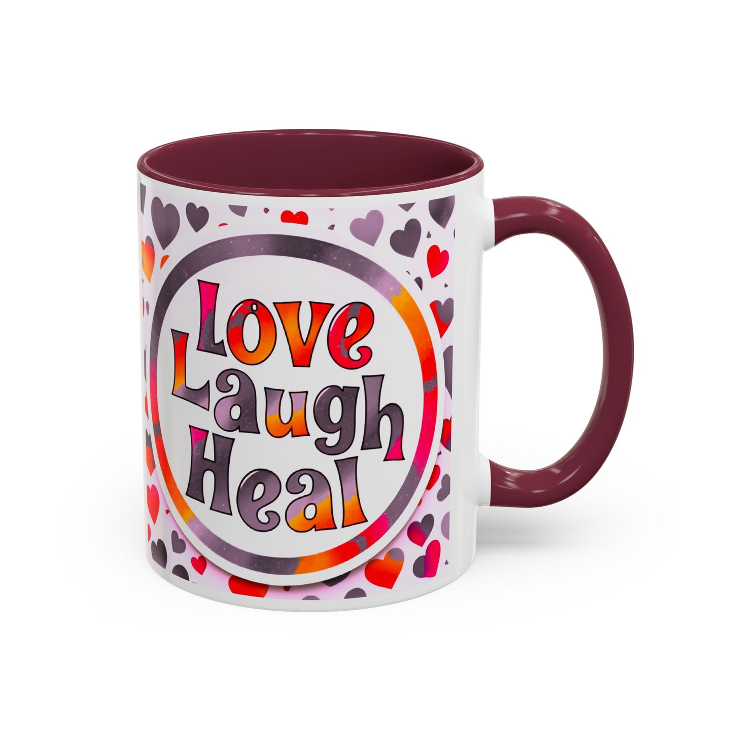 Healing Starts with a Sip: Warm Color Hearts "Love - Laugh - Heal" Mug 11 oz or 15 oz- Inspirational Gifts