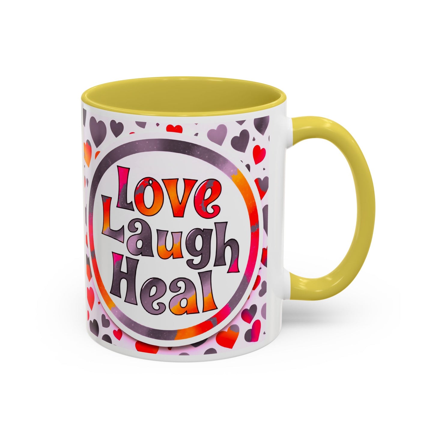 Healing Starts with a Sip: Warm Color Hearts "Love - Laugh - Heal" Mug 11 oz or 15 oz- Inspirational Gifts