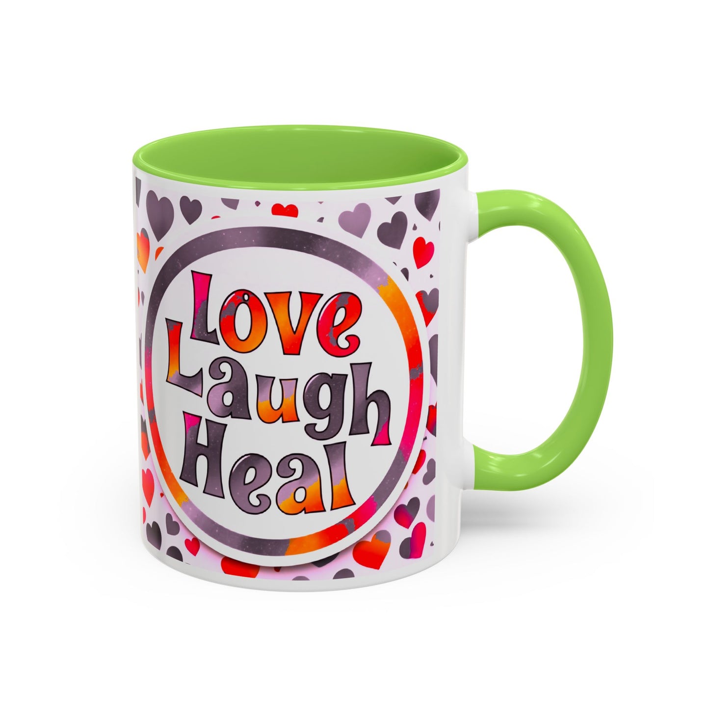 Healing Starts with a Sip: Warm Color Hearts "Love - Laugh - Heal" Mug 11 oz or 15 oz- Inspirational Gifts