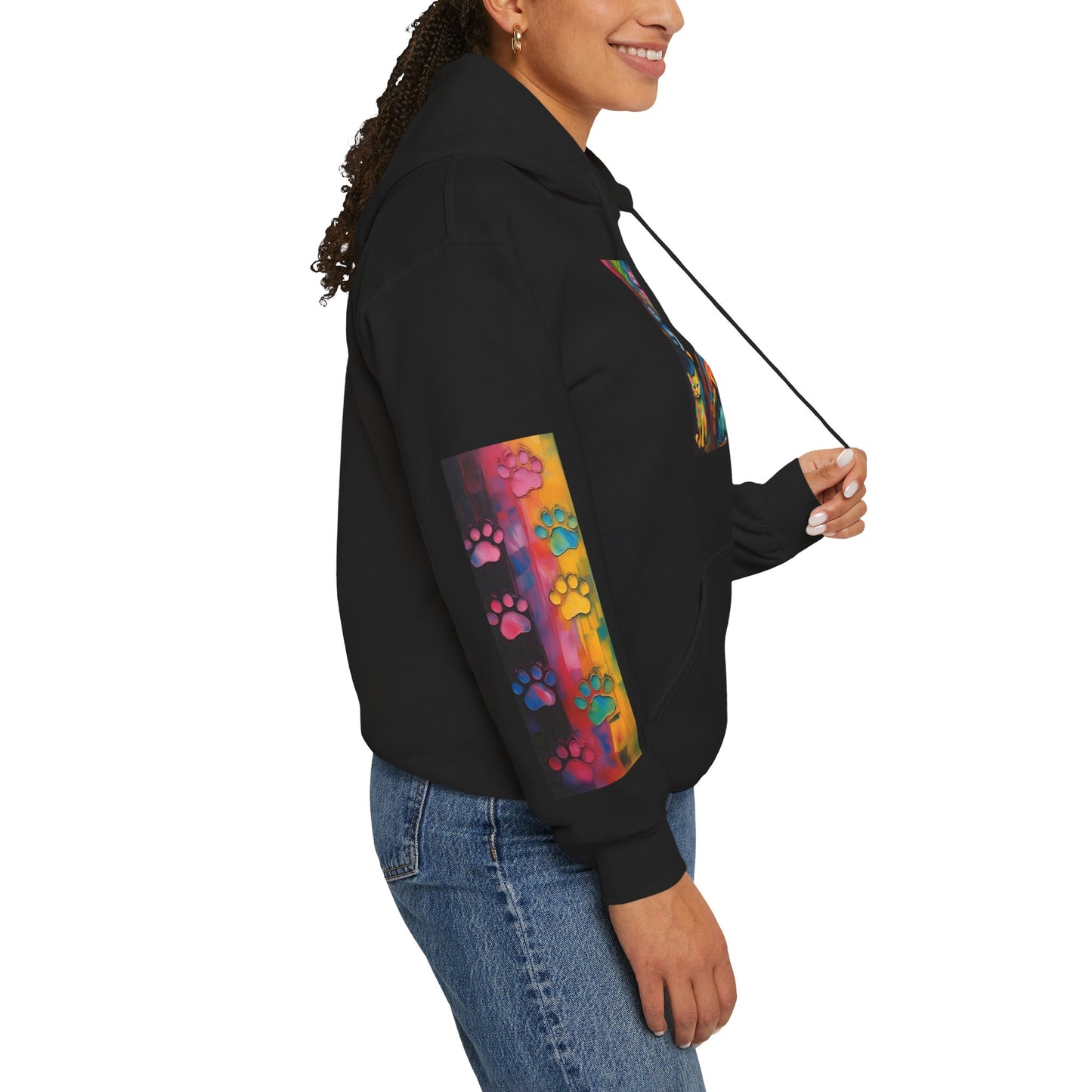 Colorful Tree Cats- Dark Waves Art by Koko Una- Unisex Hoodie w/Printed Sleeves