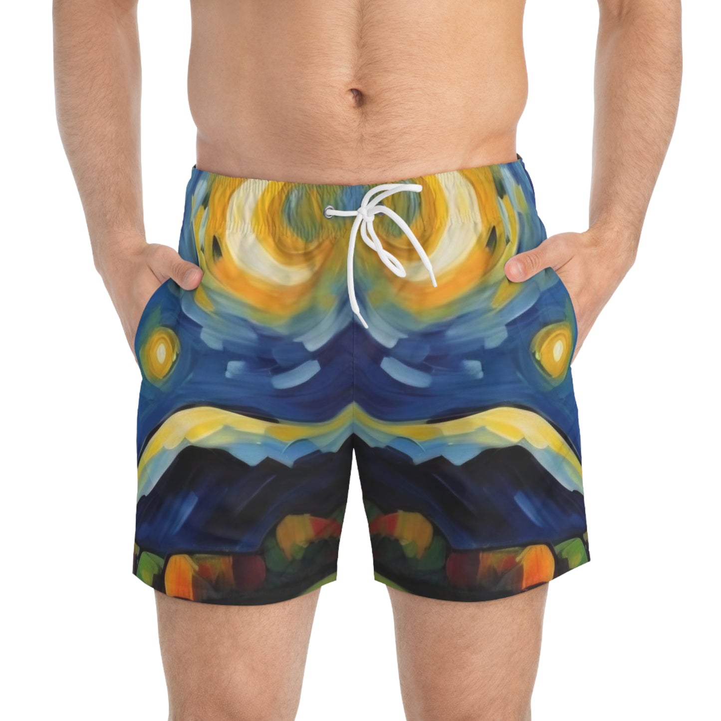 Dark Summer by Koko Una: Starry Sky Artwork Men's Swim Trunks for Beach and Pool Parties