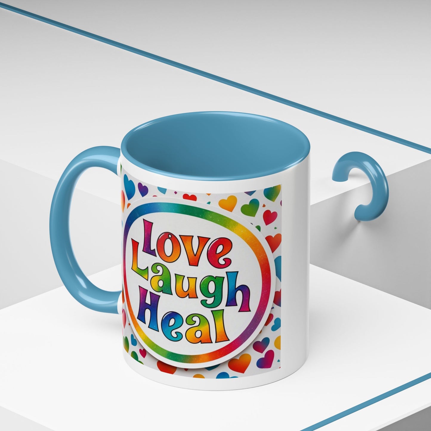 Healing Starts with a Sip: Rainbow Hearts "Love - Laugh - Heal"  Mug 11 oz or 15 oz- Inspirational Gifts