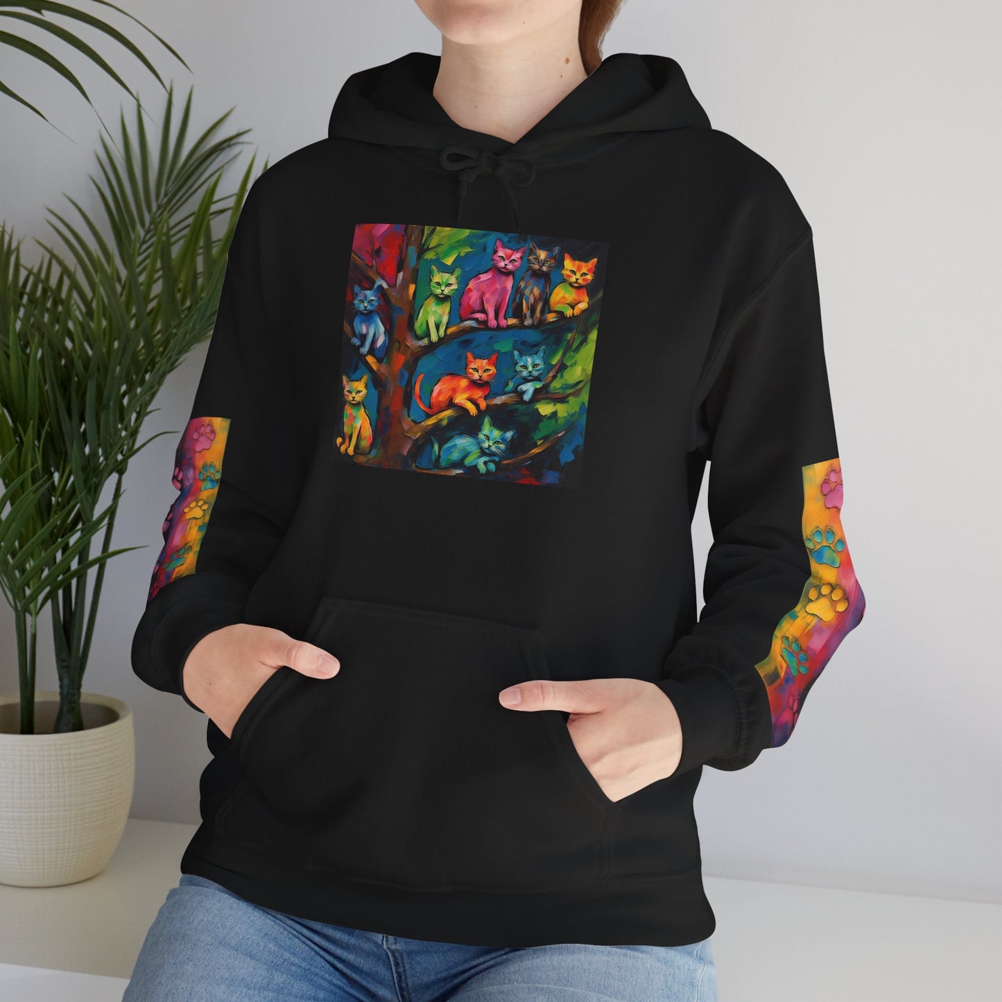 Colorful Tree Cats- Dark Waves Art by Koko Una- Unisex Hoodie w/Printed Sleeves
