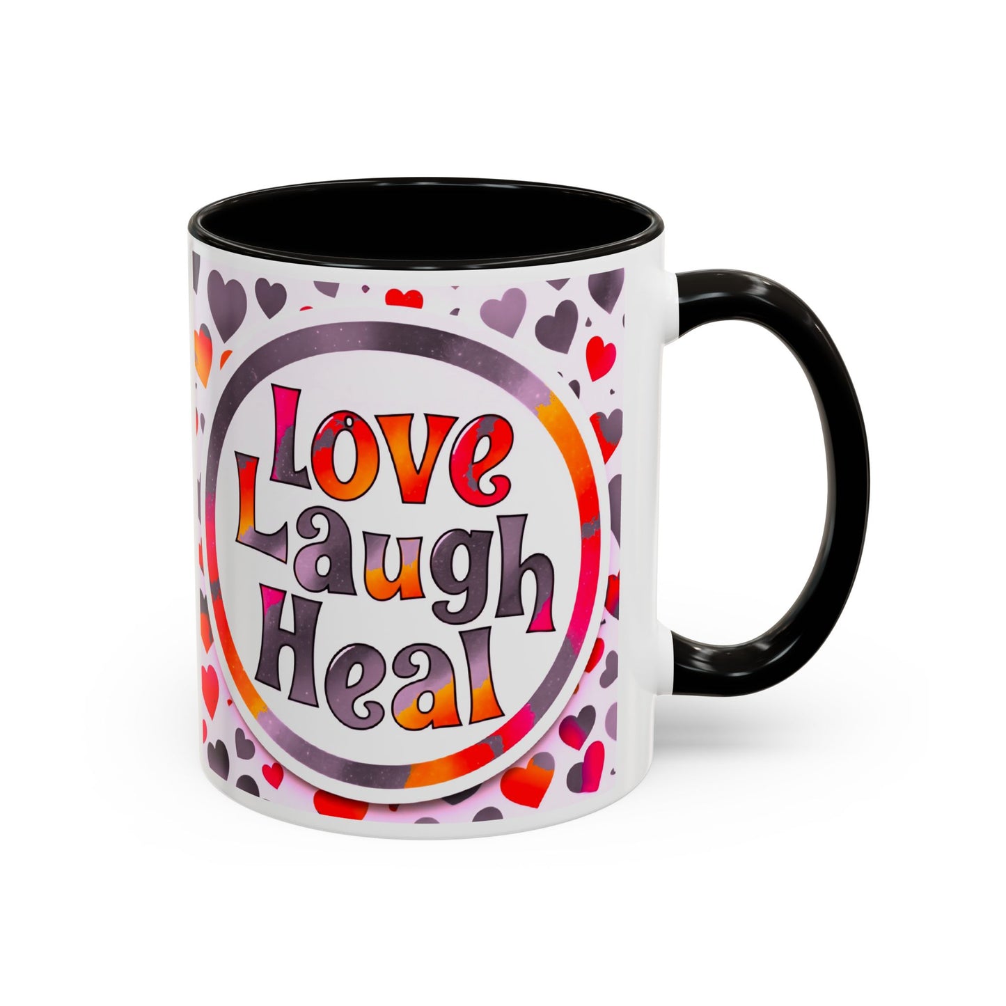Healing Starts with a Sip: Warm Color Hearts "Love - Laugh - Heal" Mug 11 oz or 15 oz- Inspirational Gifts