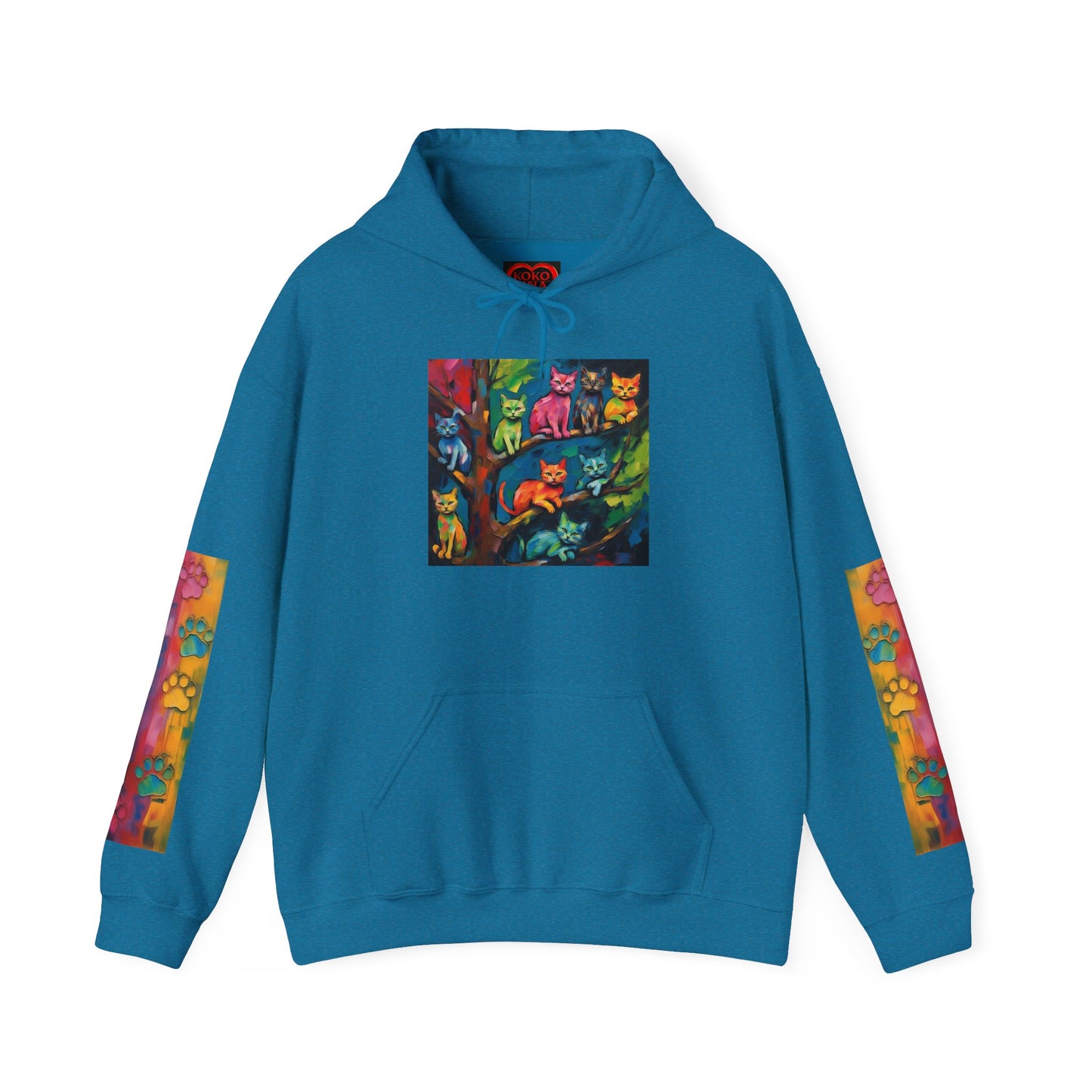 Colorful Tree Cats- Dark Waves Art by Koko Una- Unisex Hoodie w/Printed Sleeves