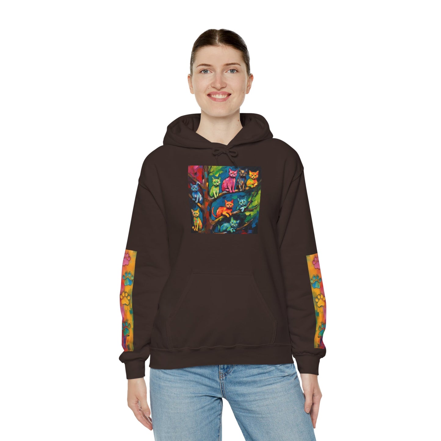 Colorful Tree Cats- Dark Waves Art by Koko Una- Unisex Hoodie w/Printed Sleeves