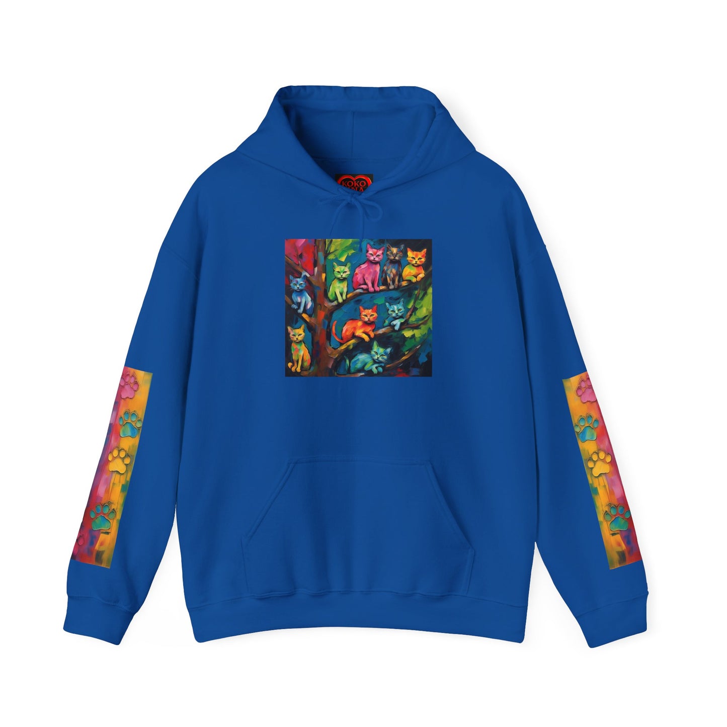 Colorful Tree Cats- Dark Waves Art by Koko Una- Unisex Hoodie w/Printed Sleeves