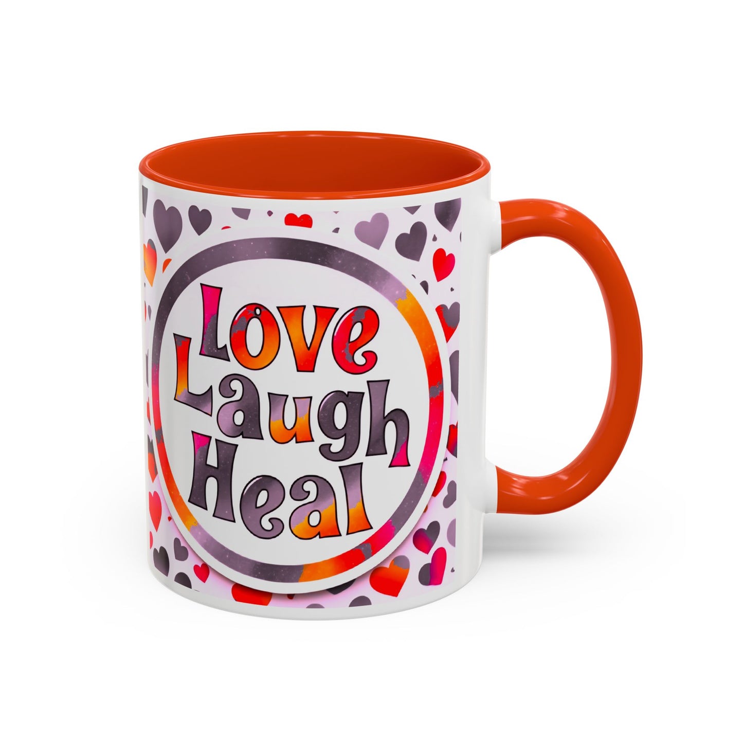 Healing Starts with a Sip: Warm Color Hearts "Love - Laugh - Heal" Mug 11 oz or 15 oz- Inspirational Gifts