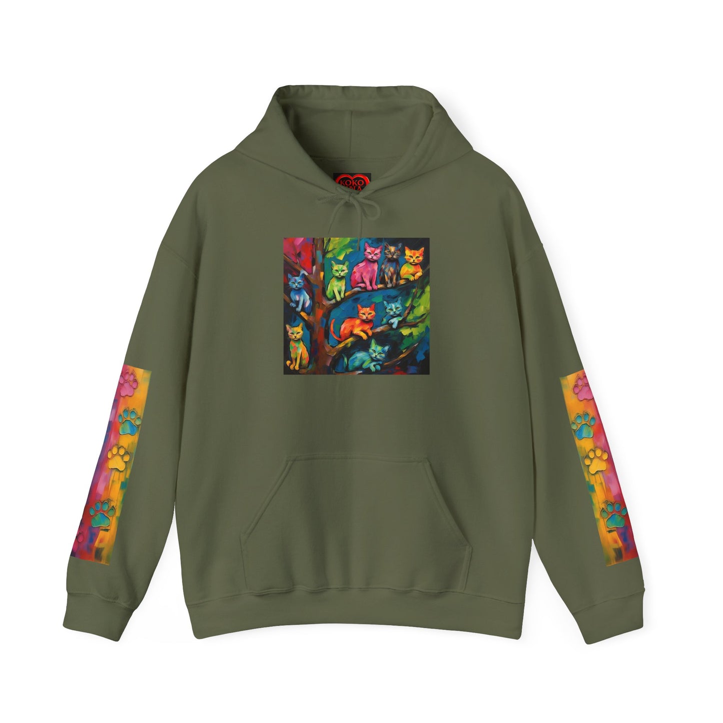 Colorful Tree Cats- Dark Waves Art by Koko Una- Unisex Hoodie w/Printed Sleeves