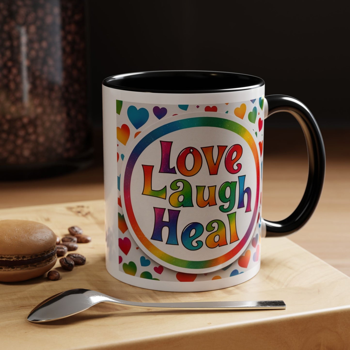 Healing Starts with a Sip: Rainbow Hearts "Love - Laugh - Heal"  Mug 11 oz or 15 oz- Inspirational Gifts