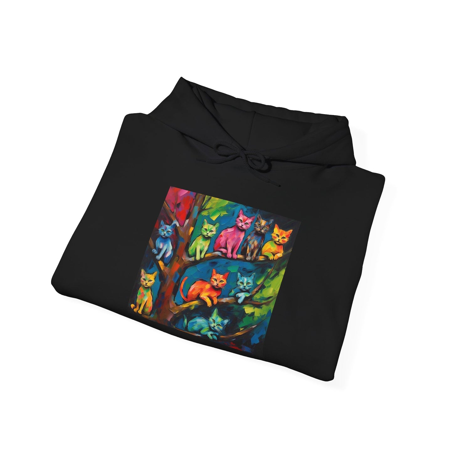 Colorful Tree Cats- Dark Waves Art by Koko Una- Unisex Hoodie w/Printed Sleeves