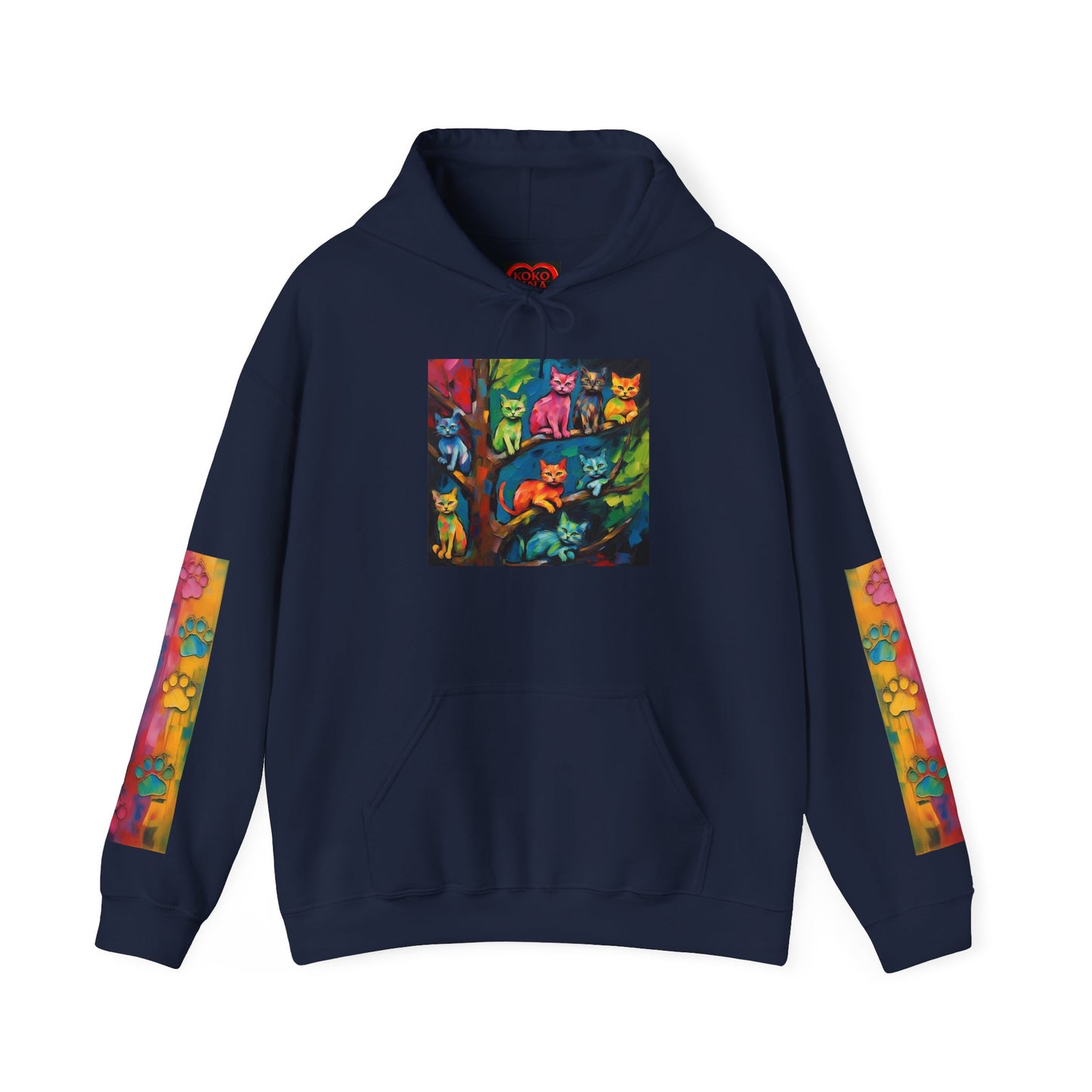 Colorful Tree Cats- Dark Waves Art by Koko Una- Unisex Hoodie w/Printed Sleeves