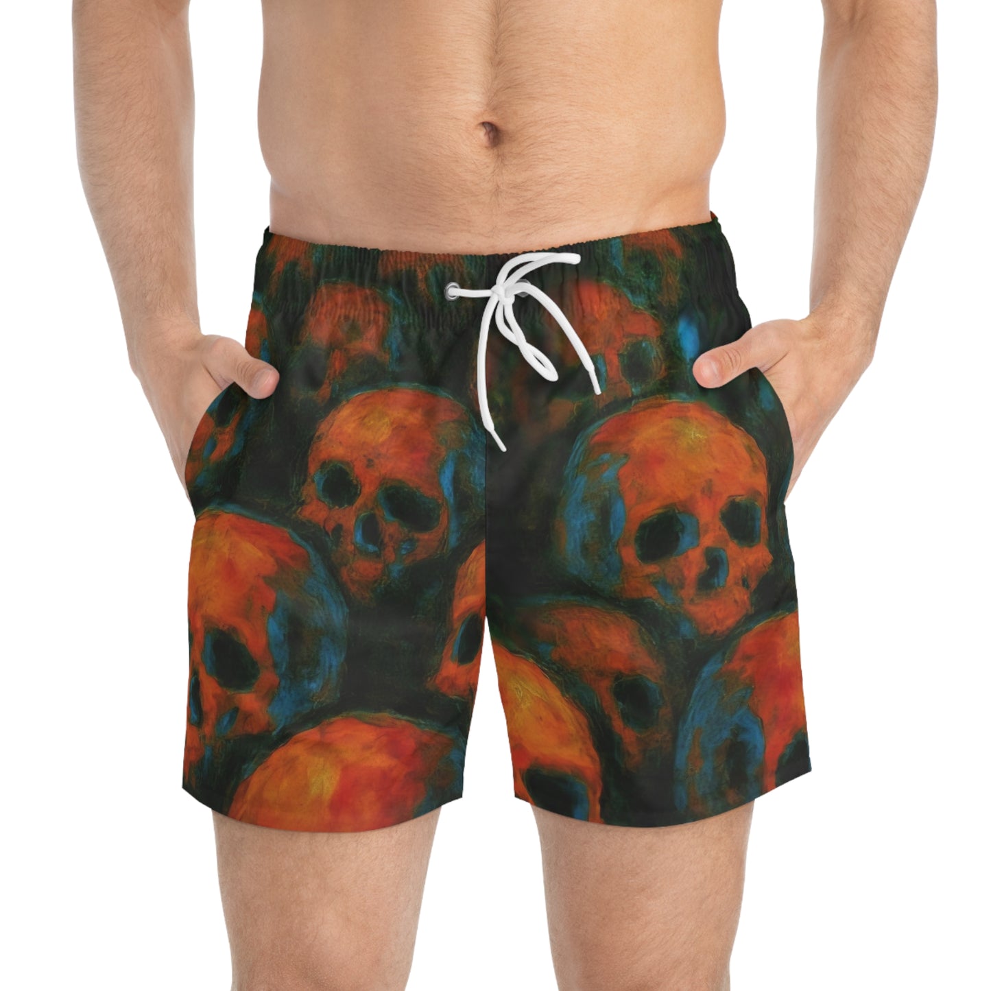 Dark Summer by Koko Una: Skull Artwork Men's Swim Trunks for Beach and Pool Parties