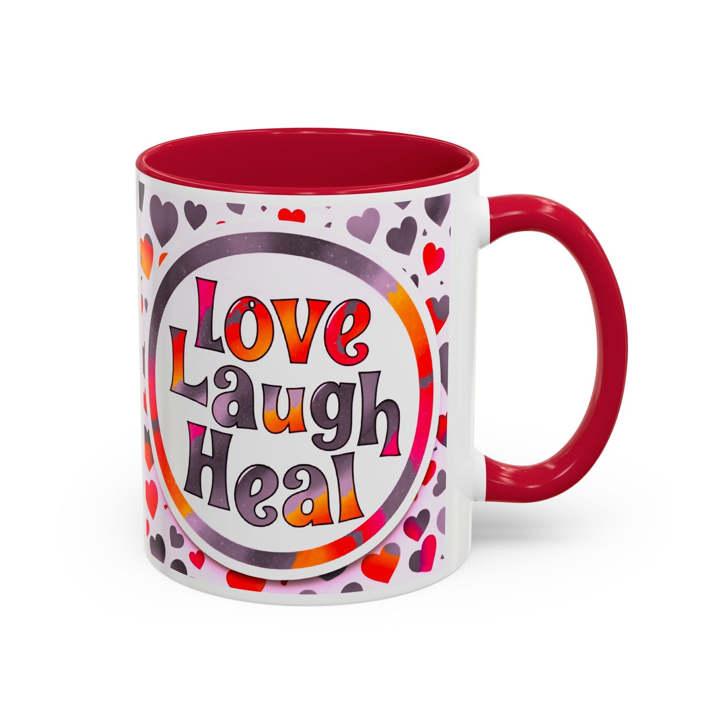 Healing Starts with a Sip: Warm Color Hearts "Love - Laugh - Heal" Mug 11 oz or 15 oz- Inspirational Gifts